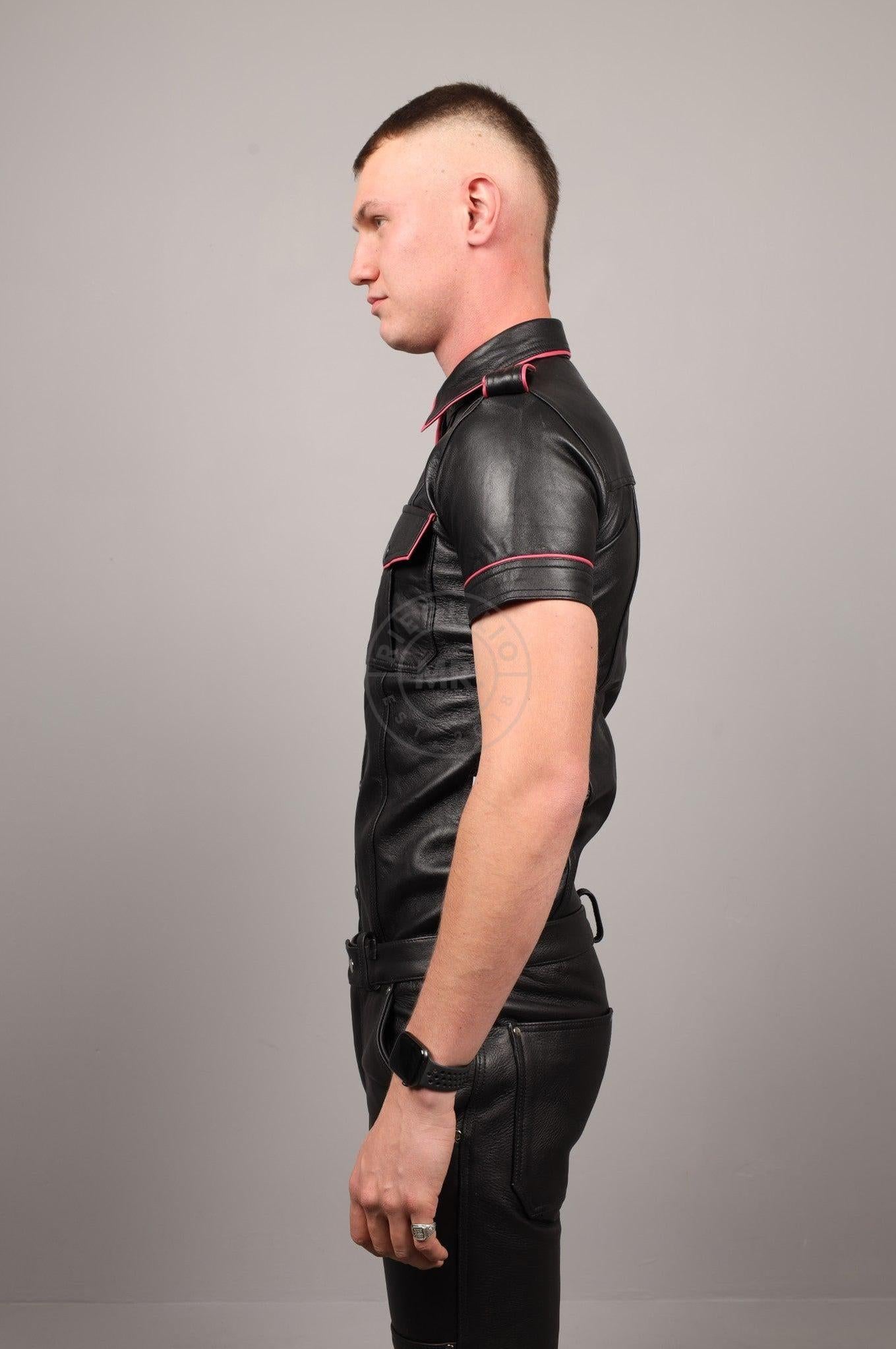 Black Leather Shirt - Pink Piping at MR. Riegillio
