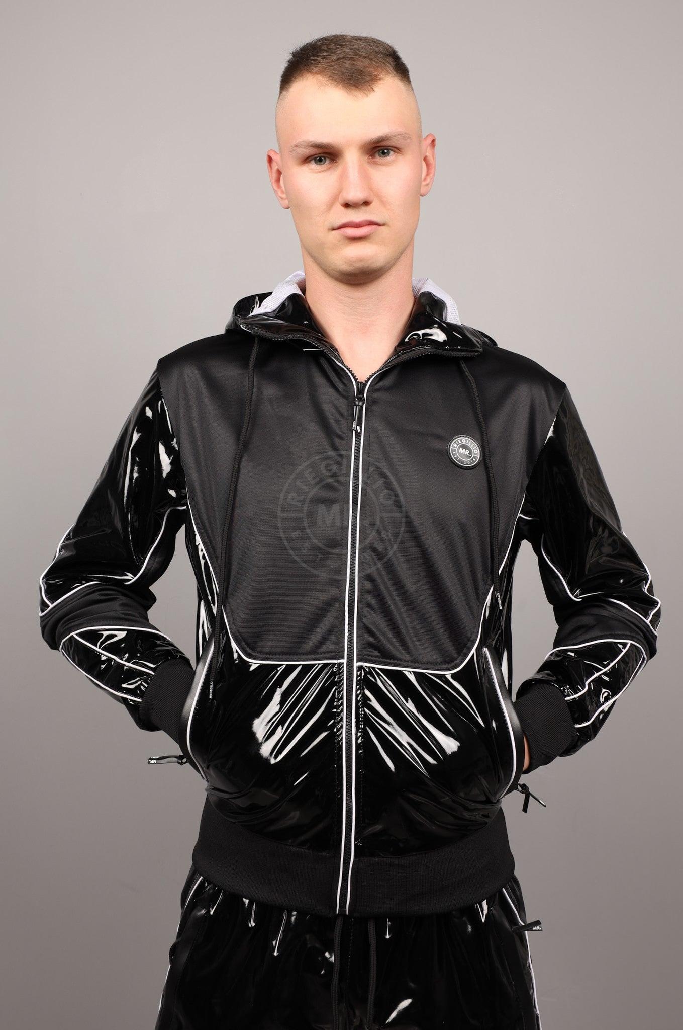 PVC 24 Tracksuit Hooded Jacket - Black with White Piping at MR. Riegillio