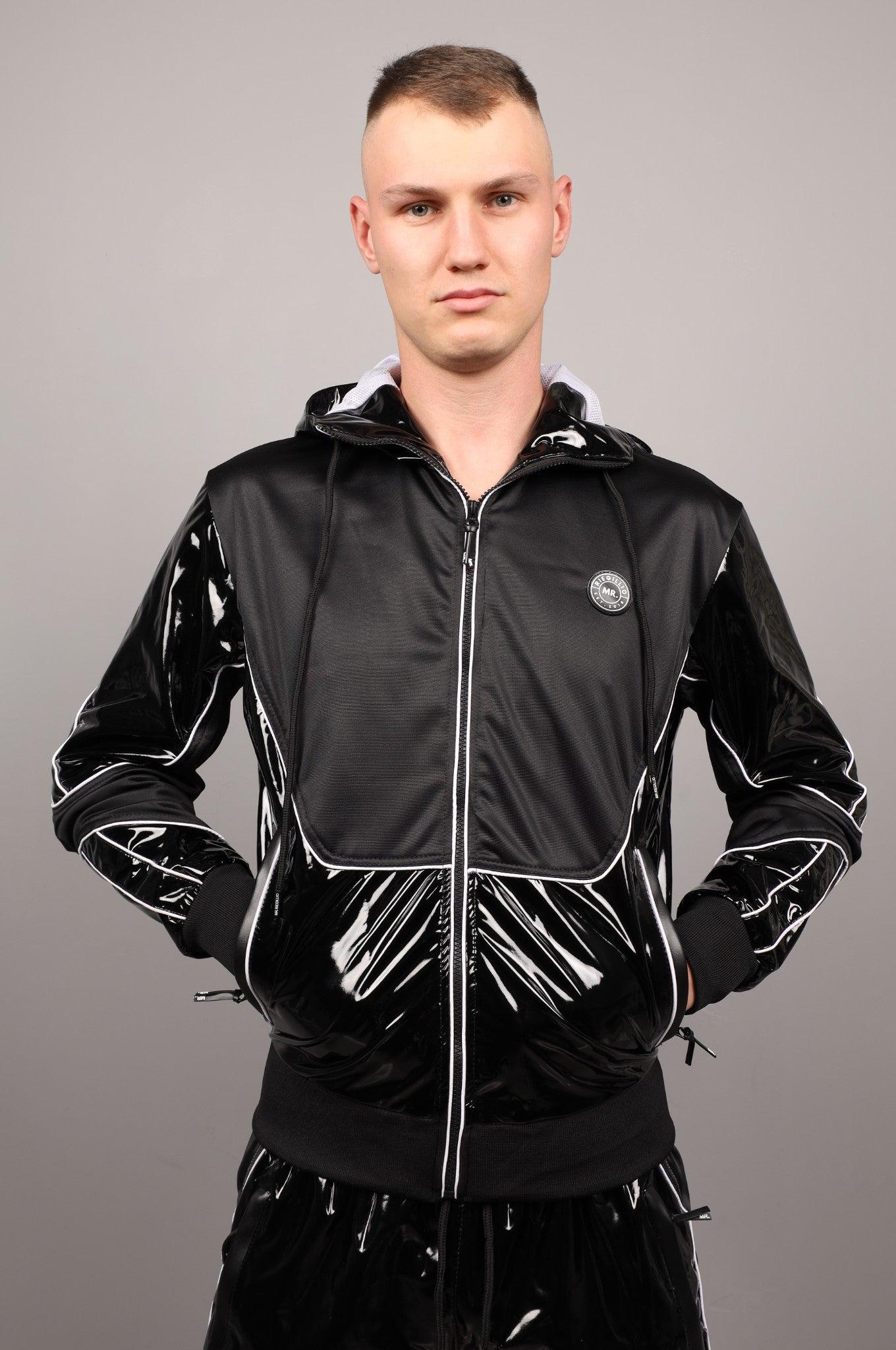 PVC 24 Tracksuit Hooded Jacket - Black with White Piping at MR. Riegillio