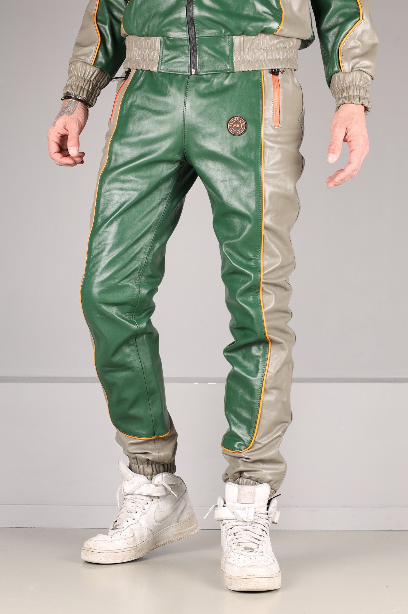 Leder-Jogginghose – Grün/Grau