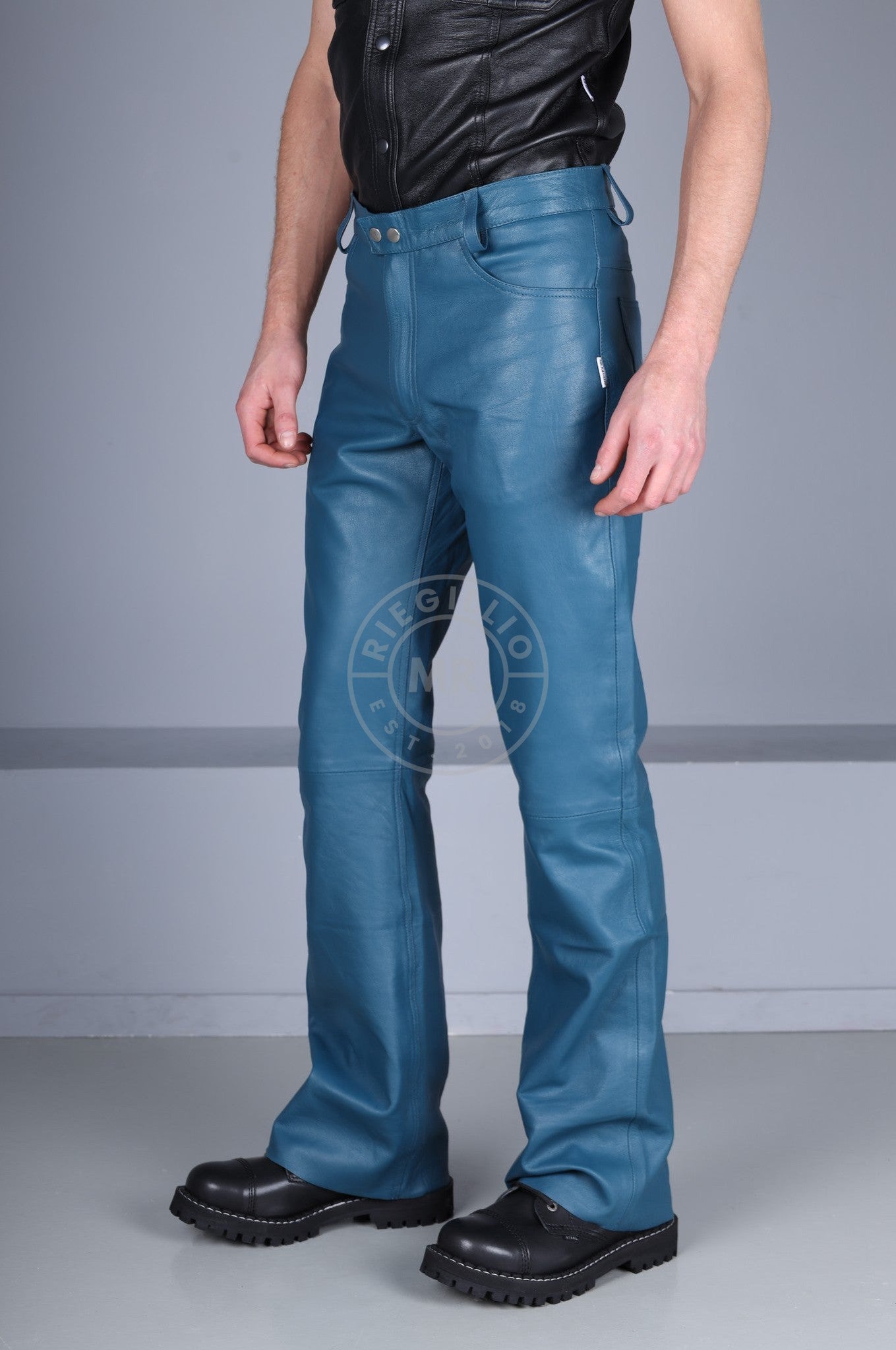 Jeans Blue Leather Bootcut Pants at MR. Riegillio