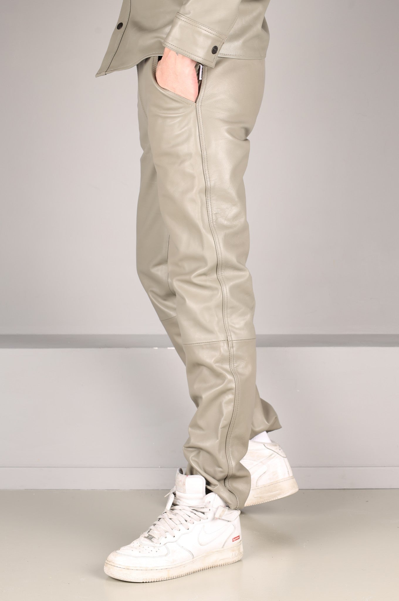 Grey Slim Fit Leather Tracksuit Pants