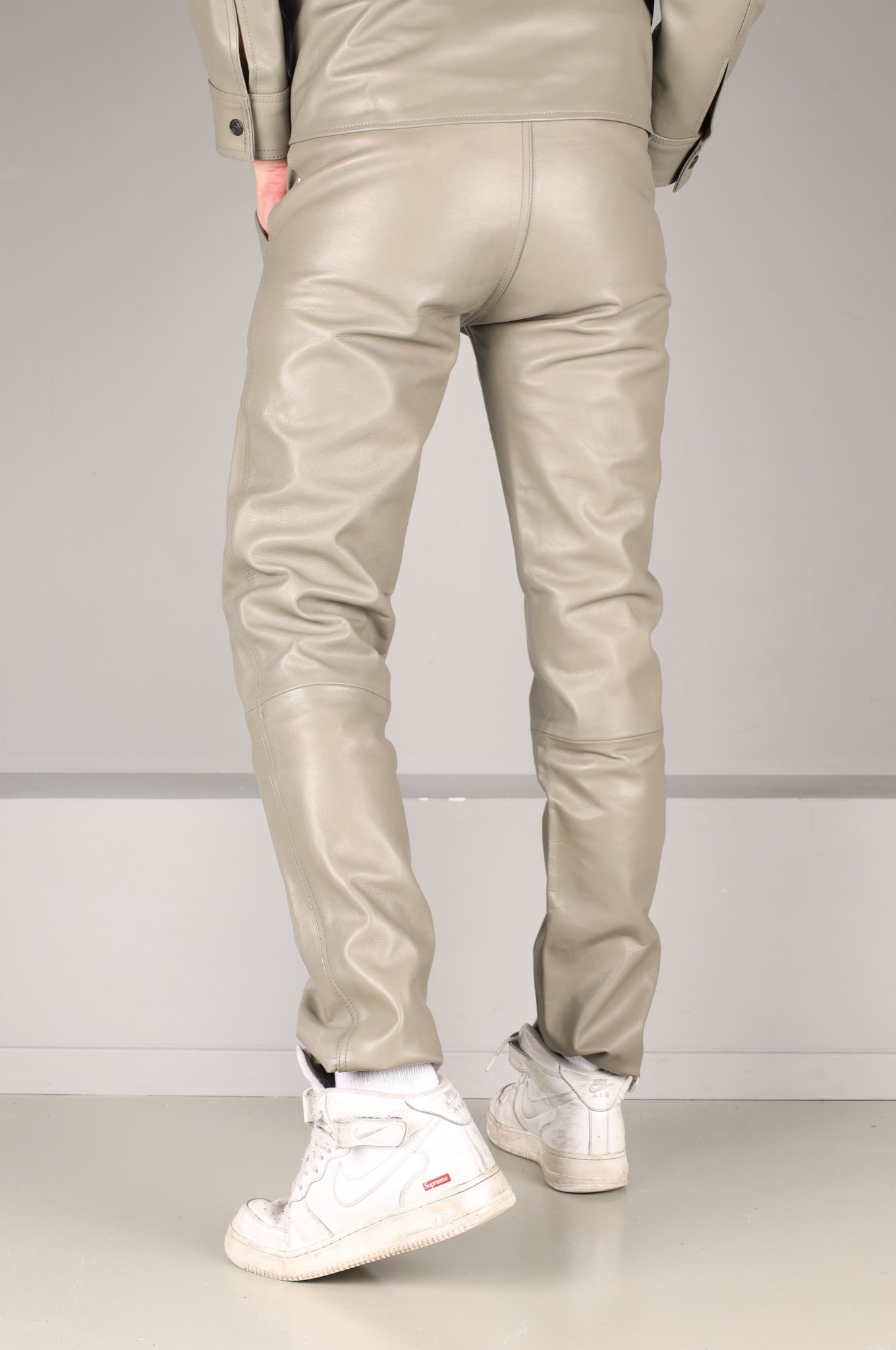 Grey Slim Fit Leather Tracksuit Pants