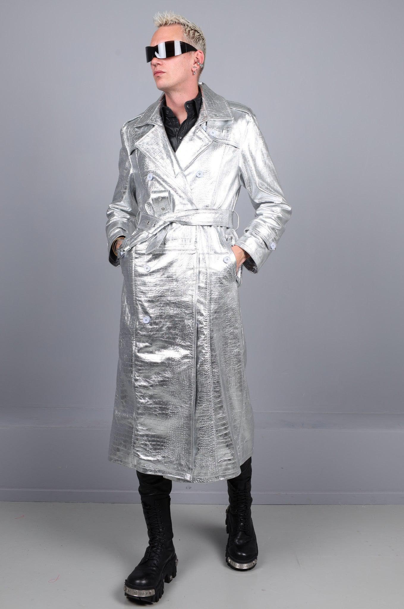 Metallic Leather Snake Trench Coat - Silver at MR. Riegillio