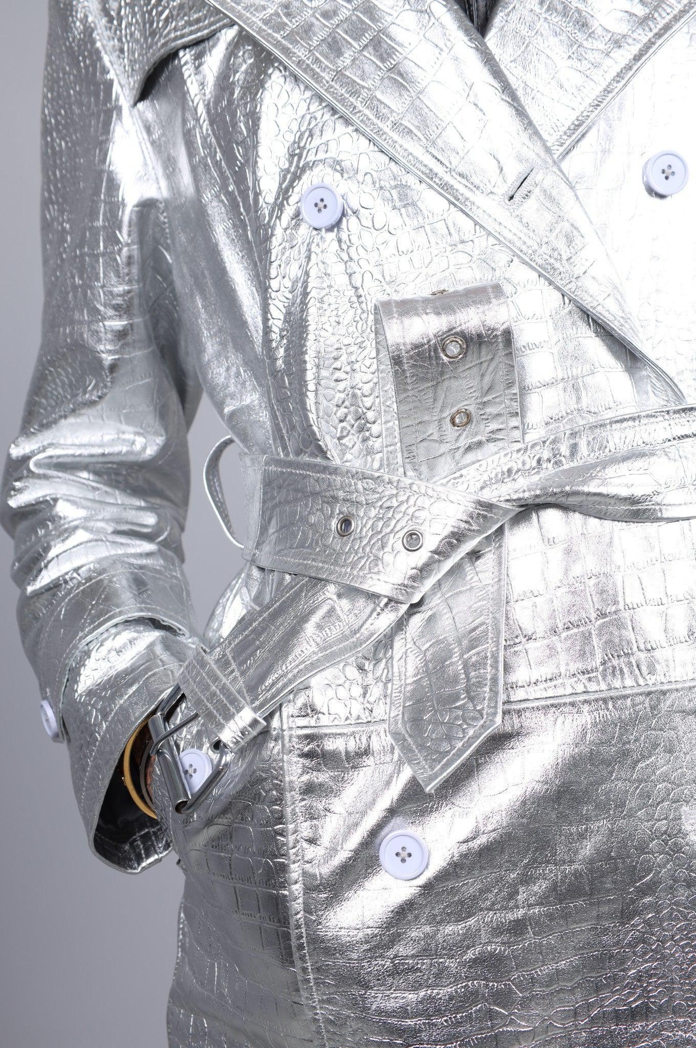 Metallic Leather Snake Trench Coat - Silver at MR. Riegillio
