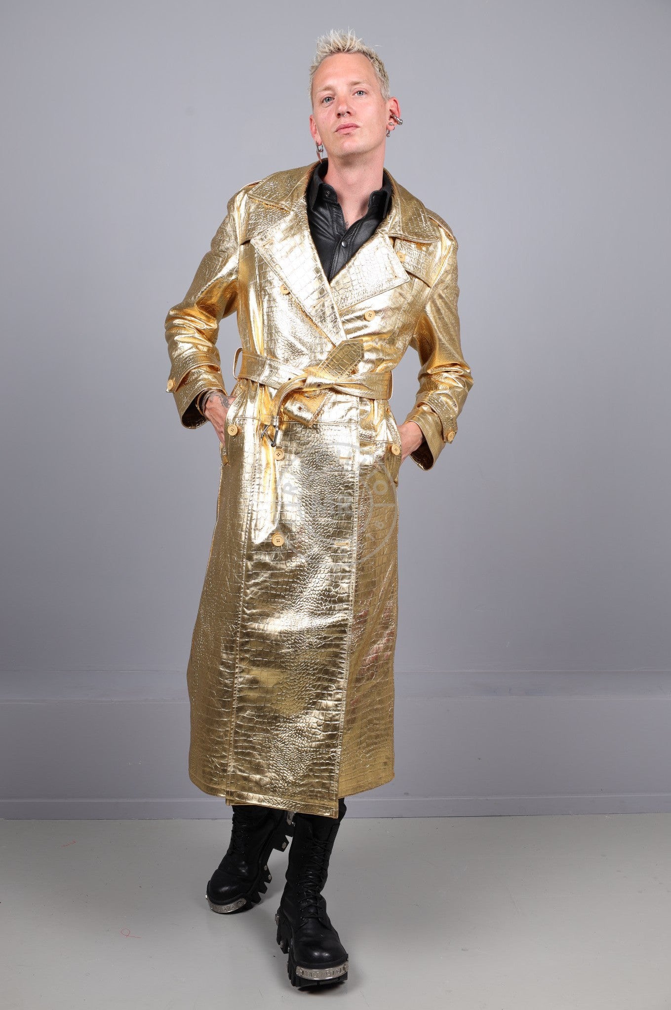 Metallic Leather Snake Trench Coat - Gold at MR. Riegillio