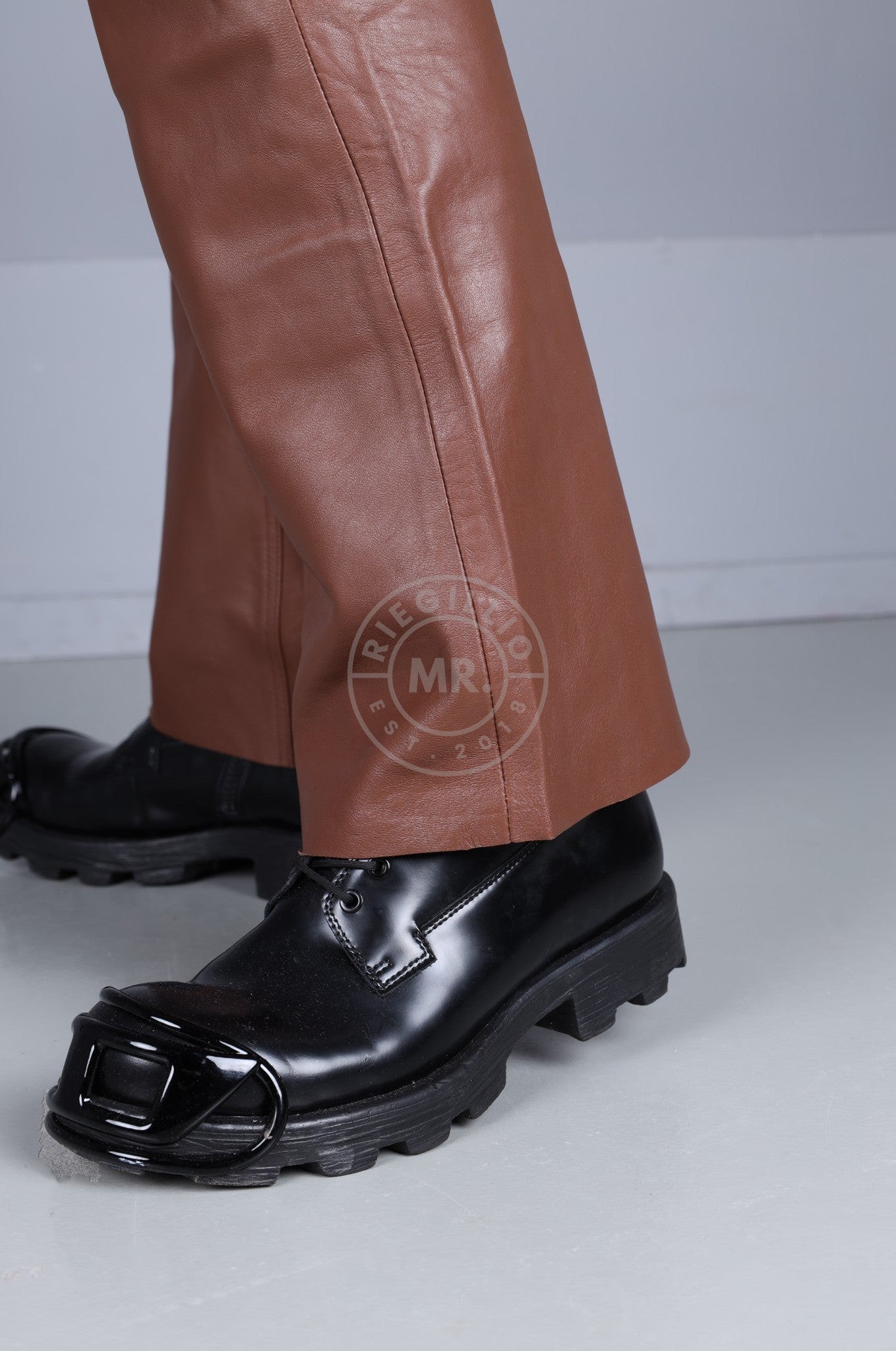 Cinnamon Brown Leather Bootcut Pants-at MR. Riegillio