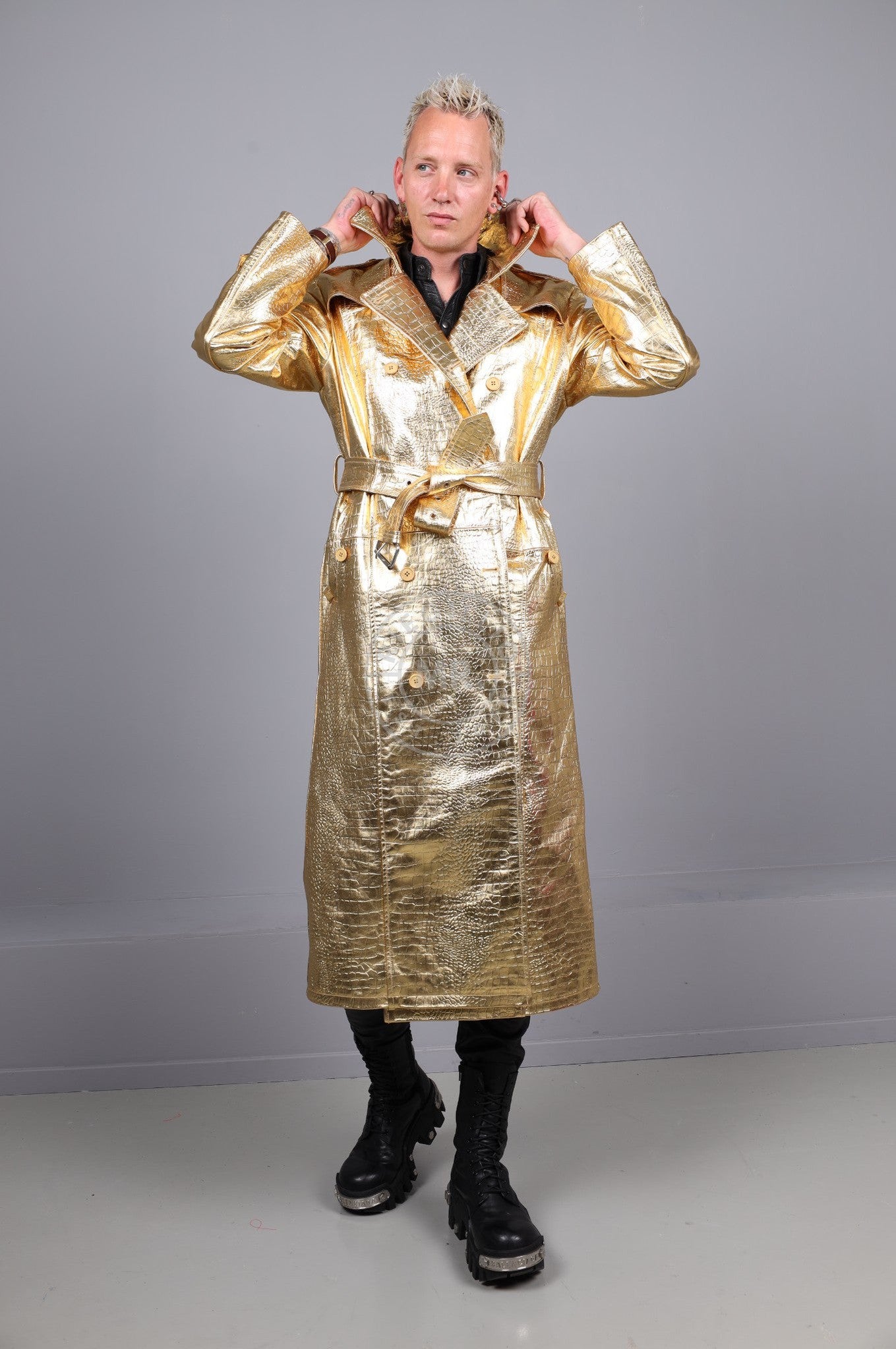 Metallic Leather Snake Trench Coat - Gold at MR. Riegillio