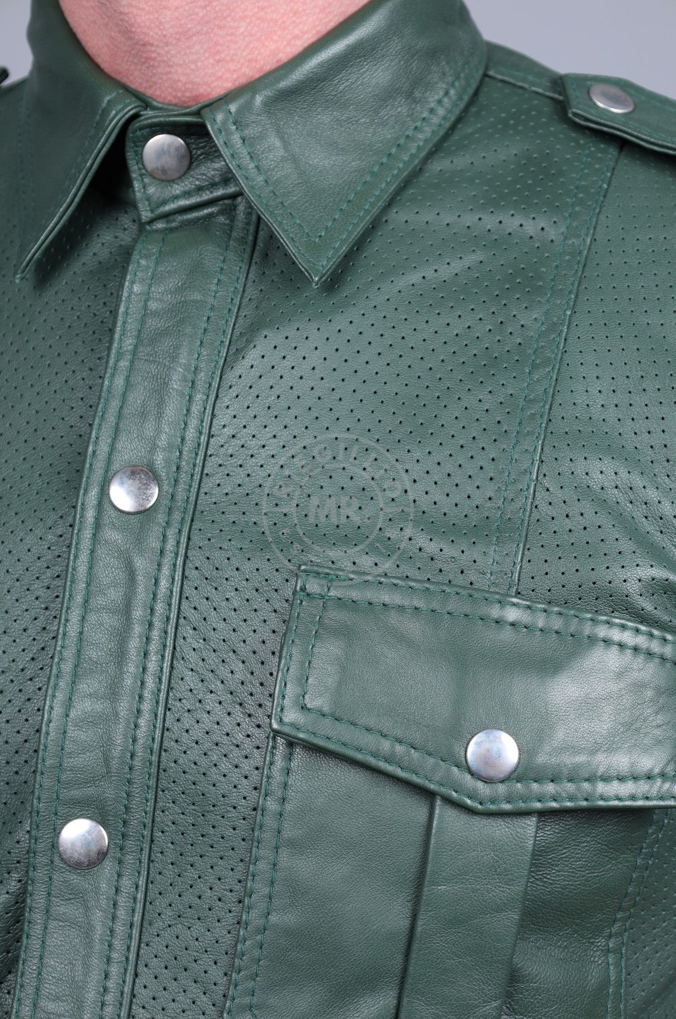 Dark Green Leather Perforated Shirt-at MR. Riegillio