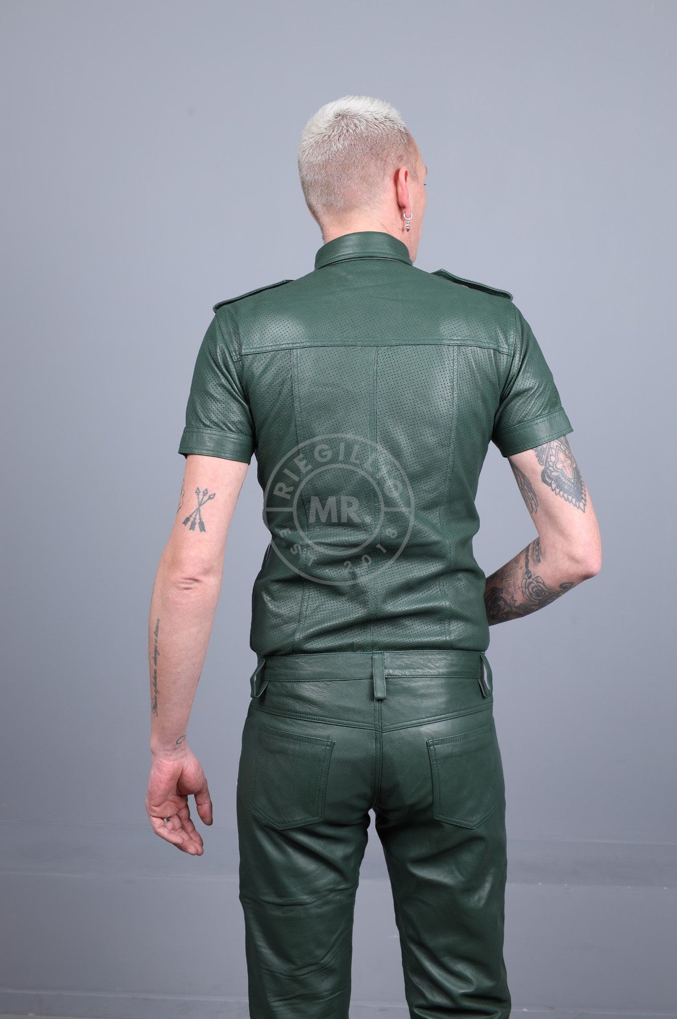 Dark Green Leather Perforated Shirt-at MR. Riegillio