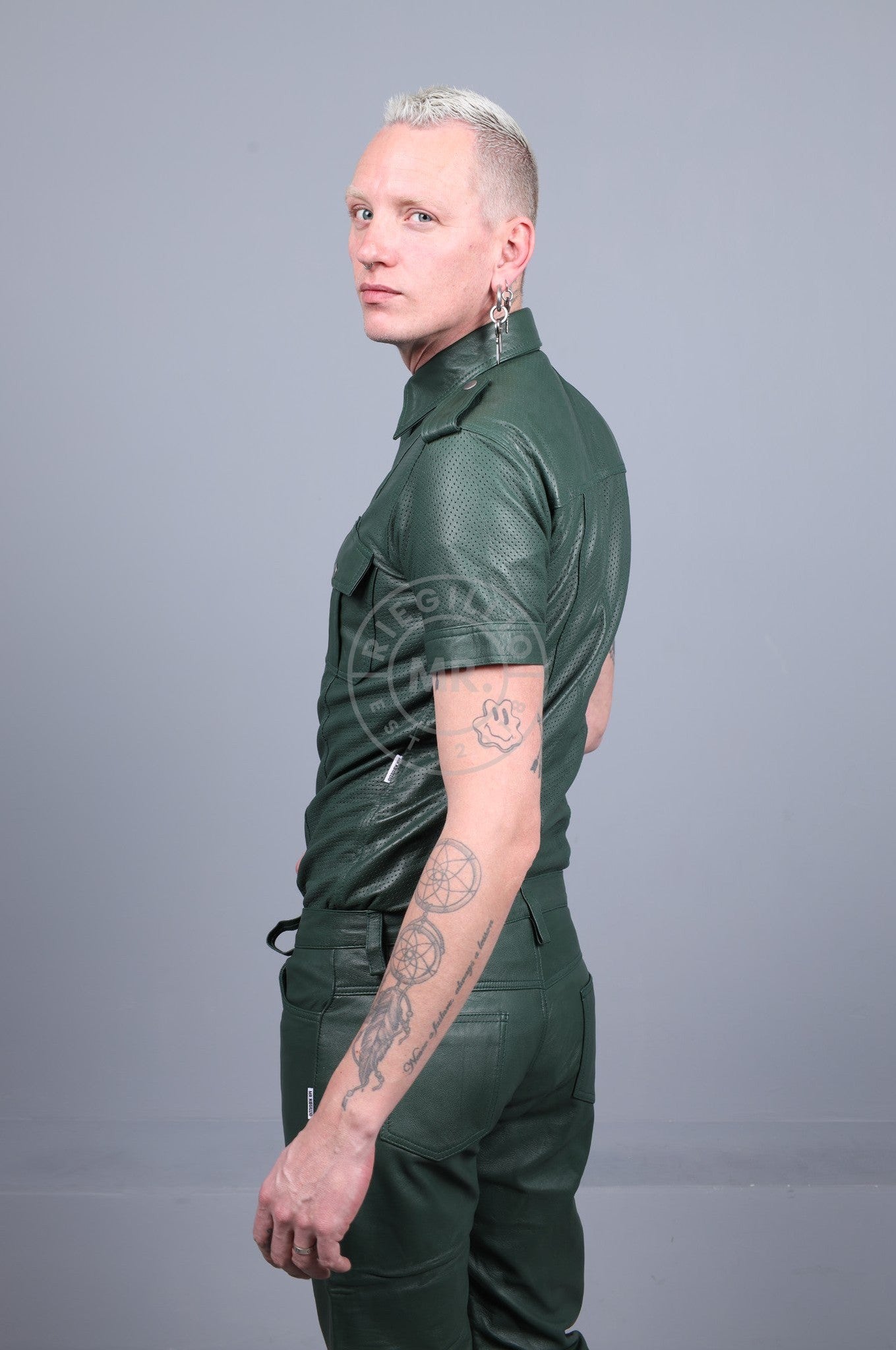 Dark Green Leather Perforated Shirt-at MR. Riegillio