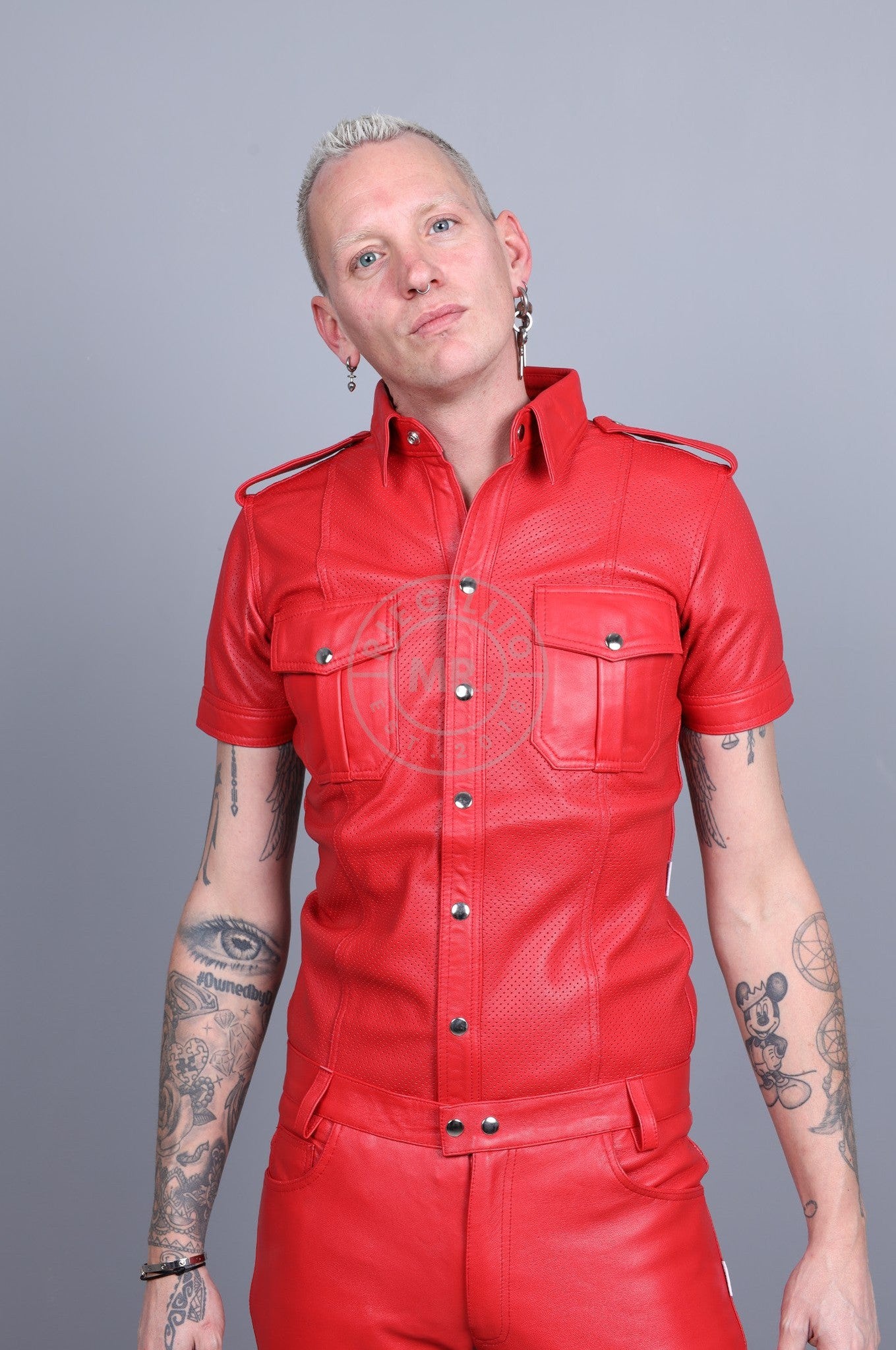 Red Leather Perforated Shirt-at MR. Riegillio