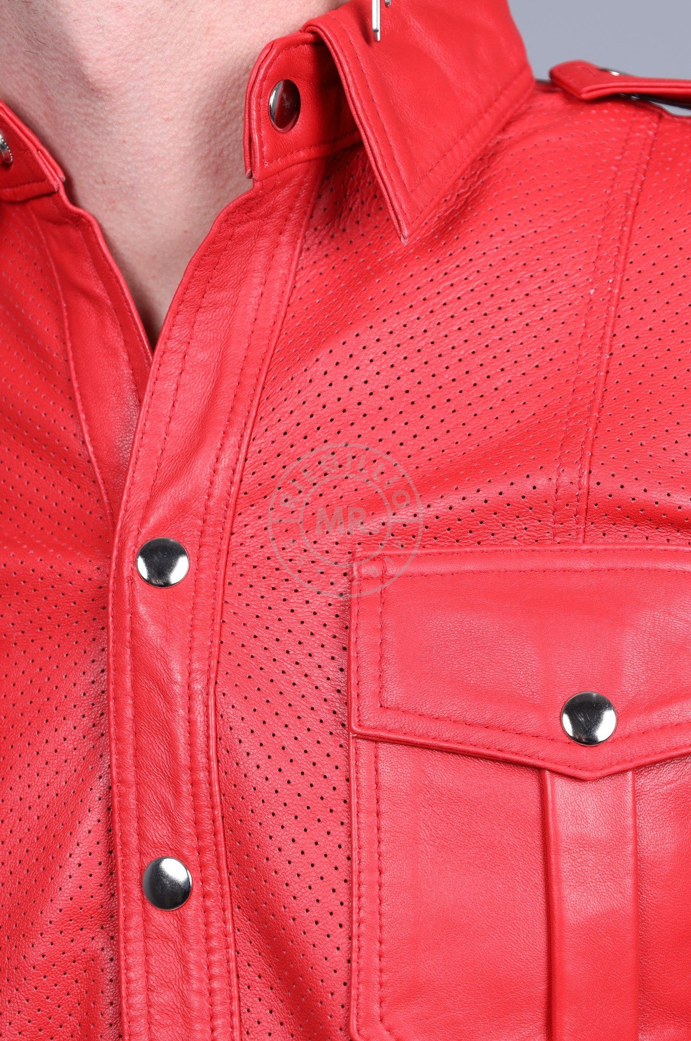 Red Leather Perforated Shirt-at MR. Riegillio