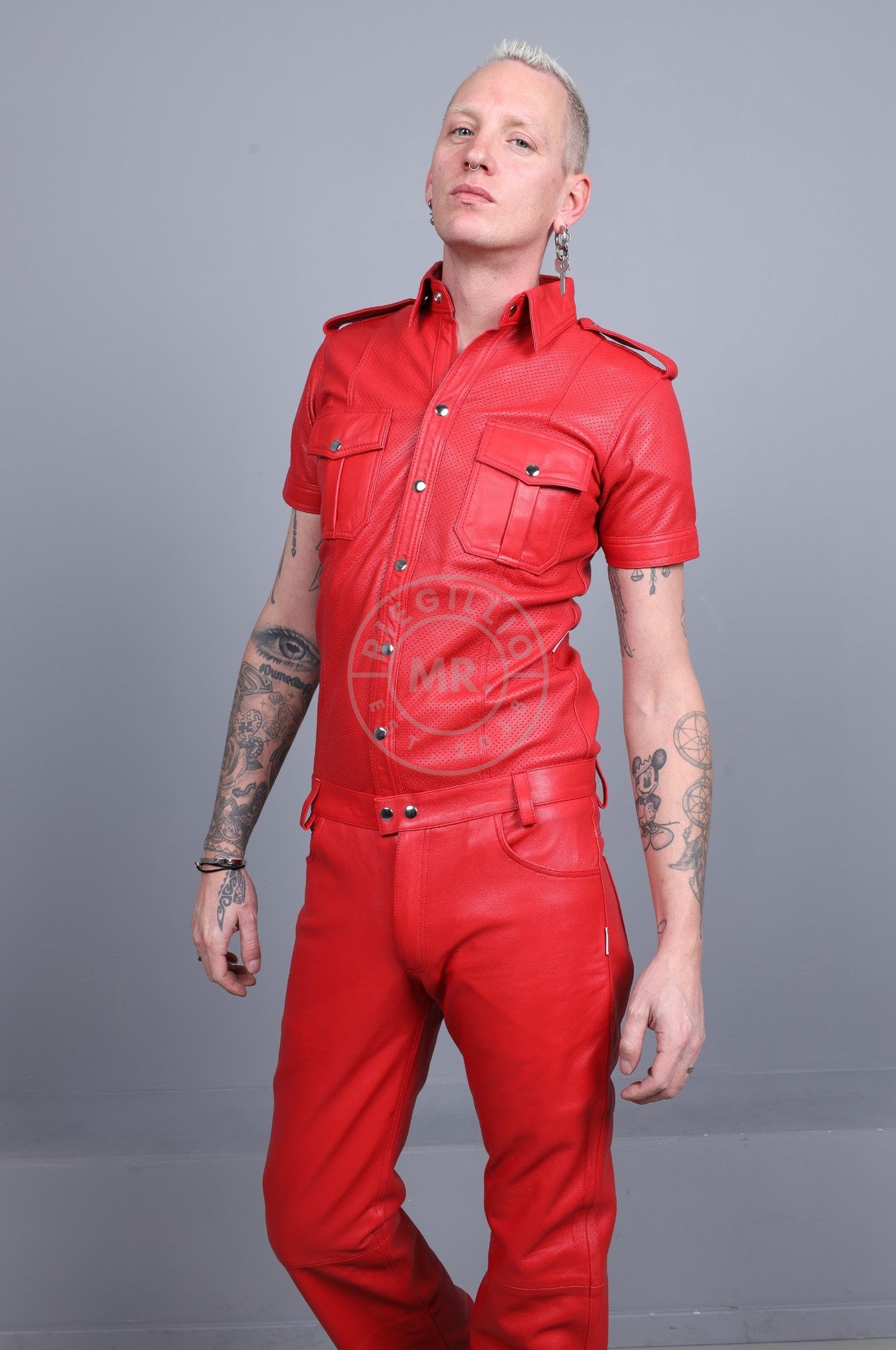 Red Leather Perforated Shirt at MR. Riegillio