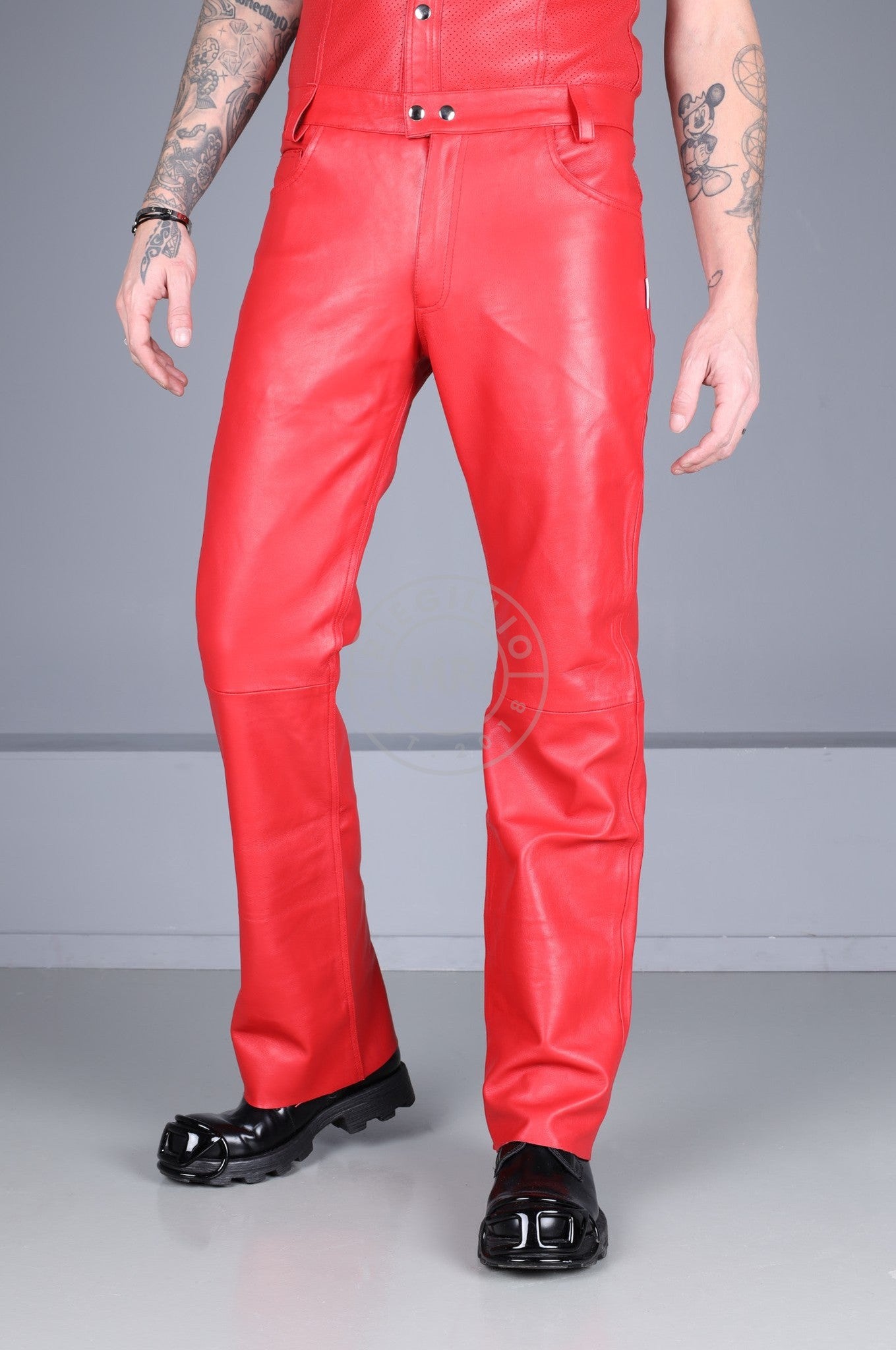 Red Leather Bootcut Pants at MR. Riegillio