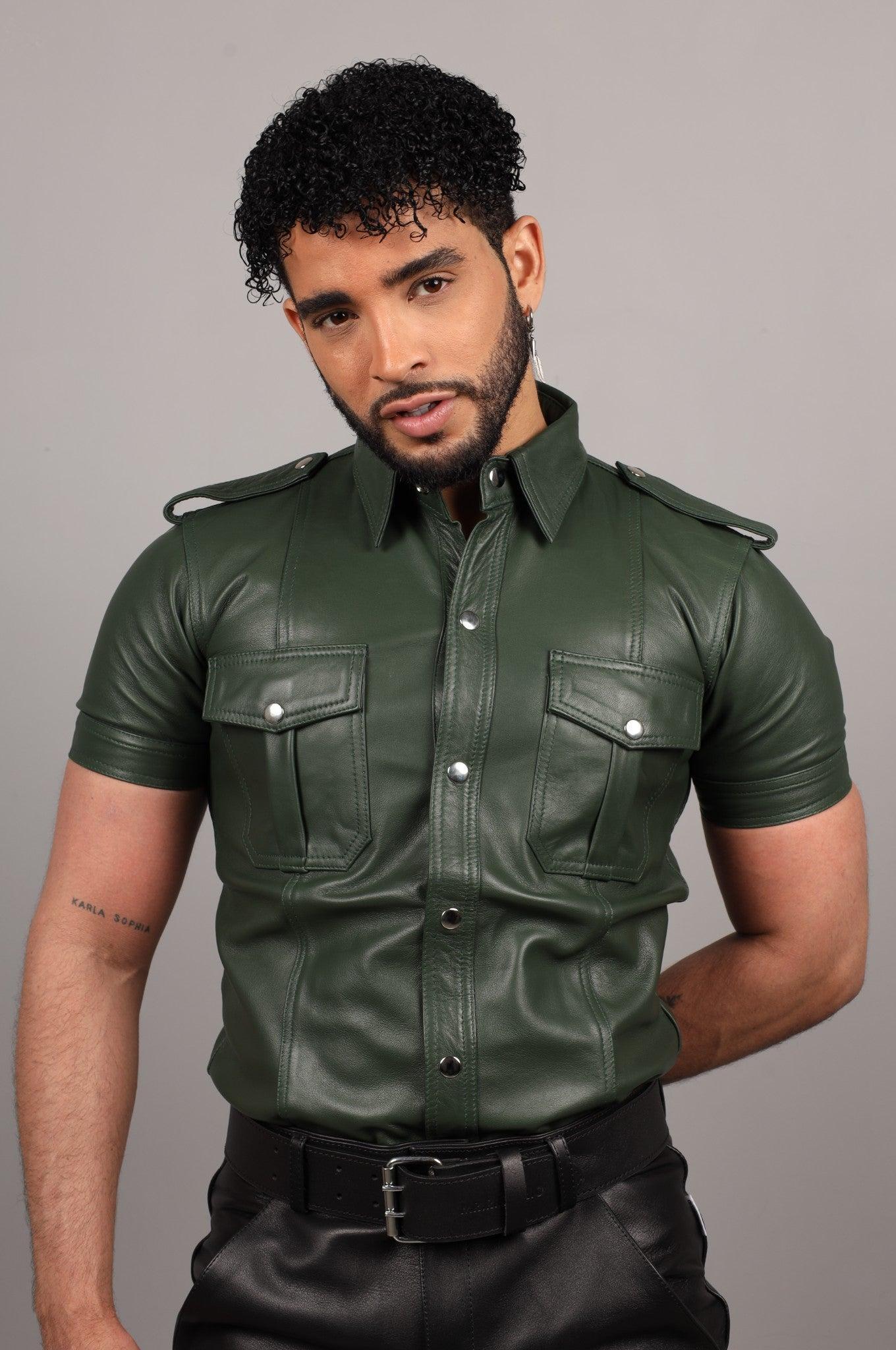 Dark Green Leather Shirt by MR. Riegillio