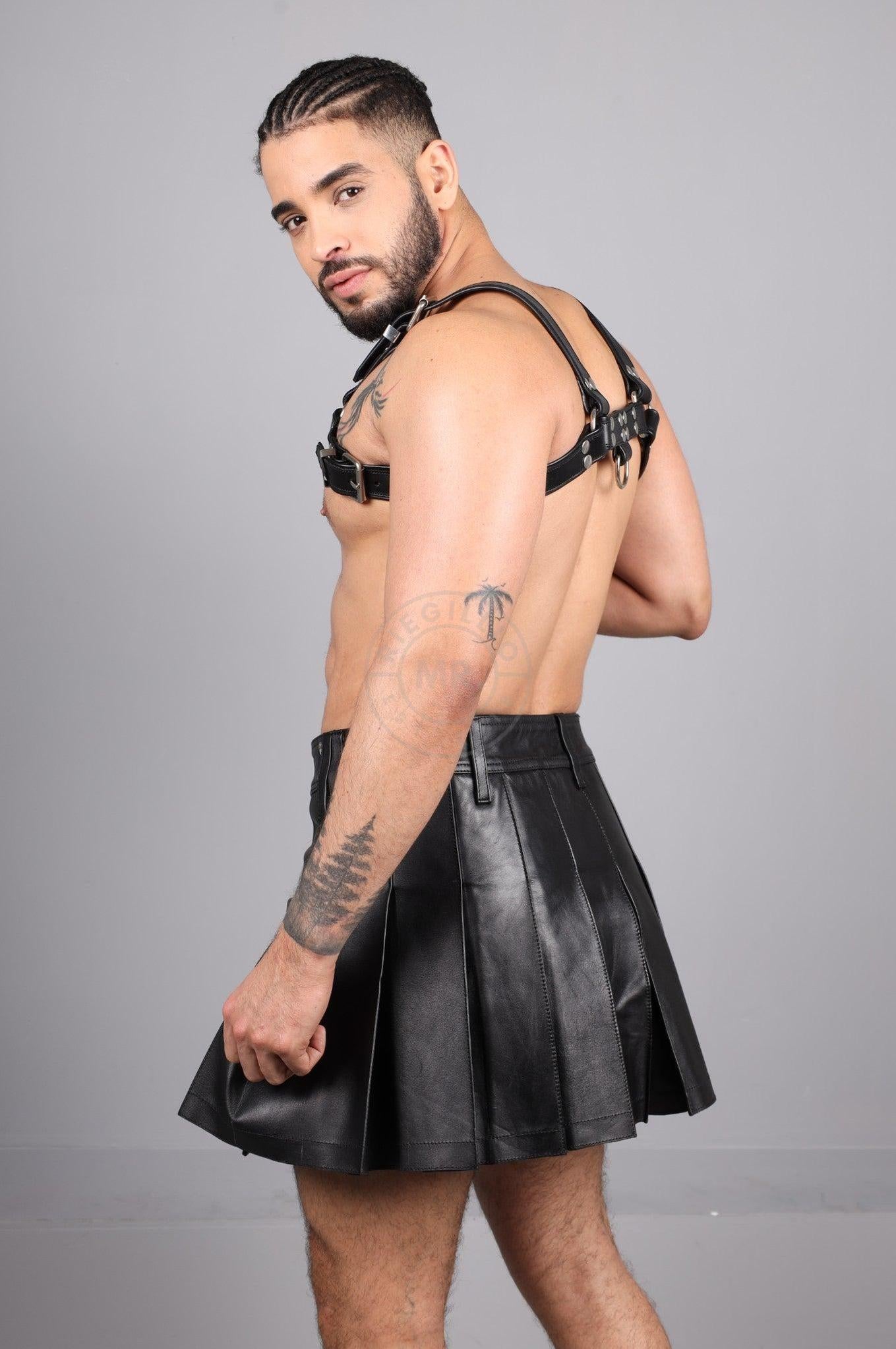 Black Short Leather Kilt at MR. Riegillio