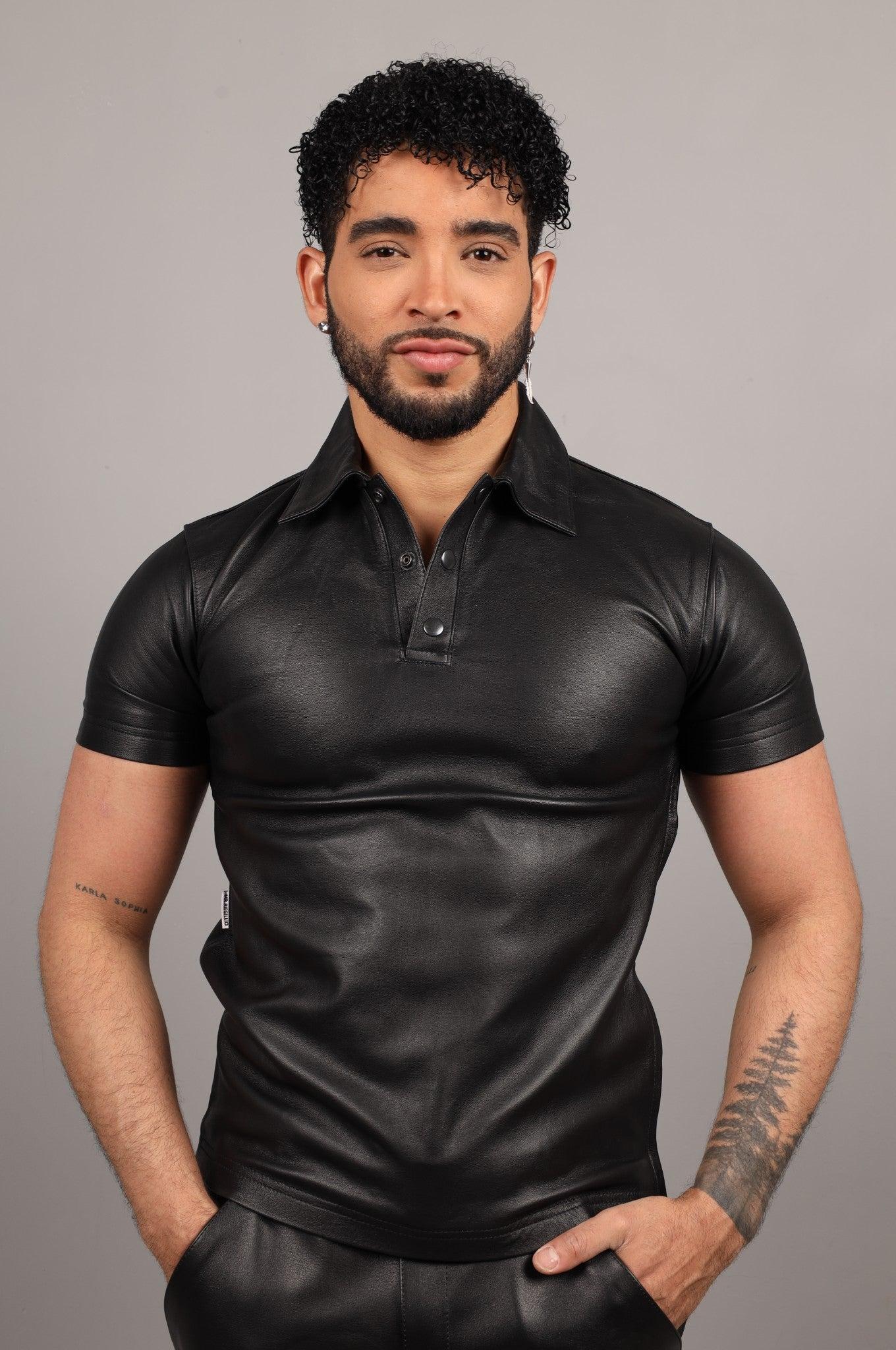 Black Leather Polo - Plain Black at MR. Riegillio