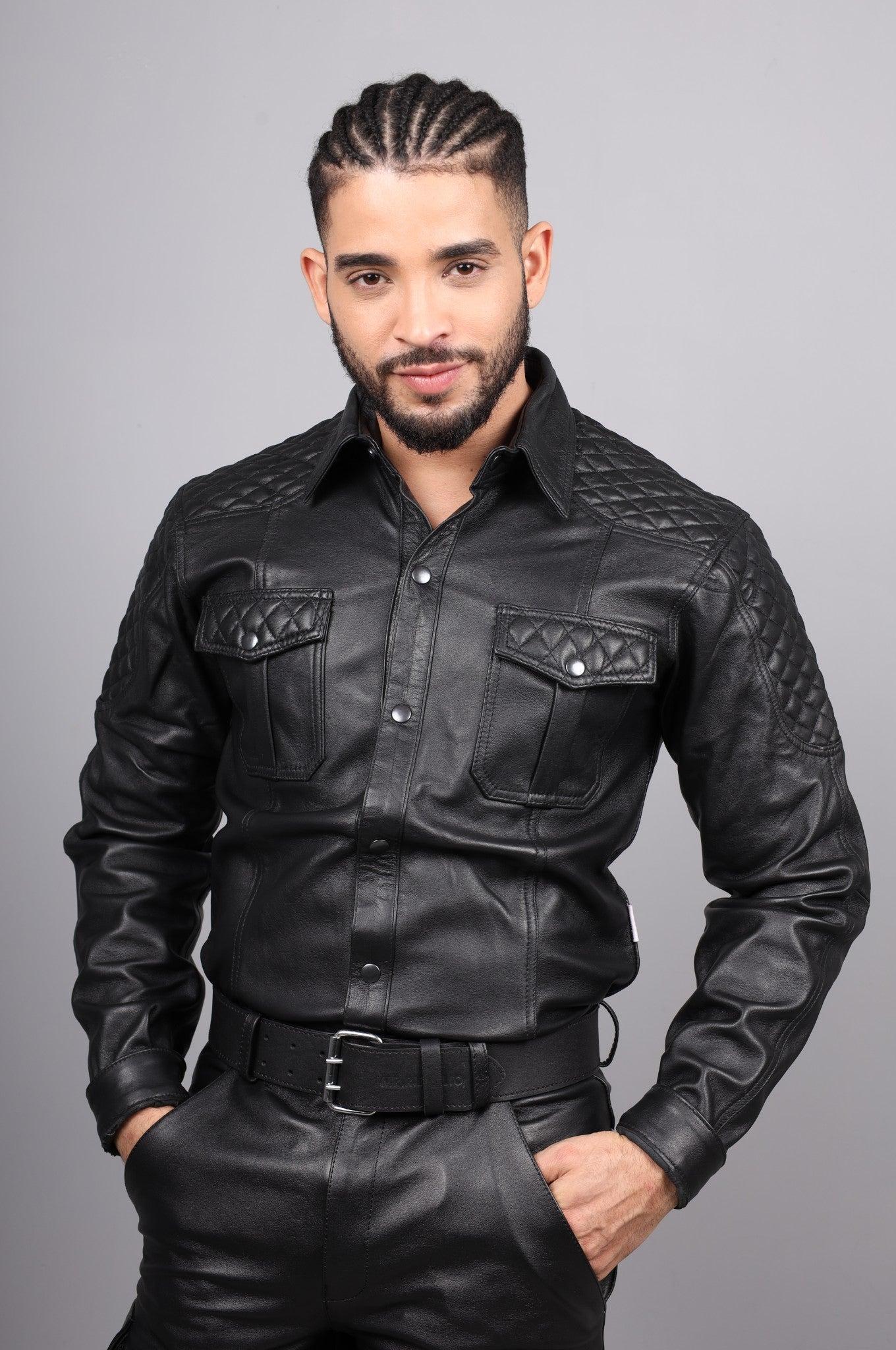 Black Leather Padded Shirt - Long Sleeve at MR. Riegillio