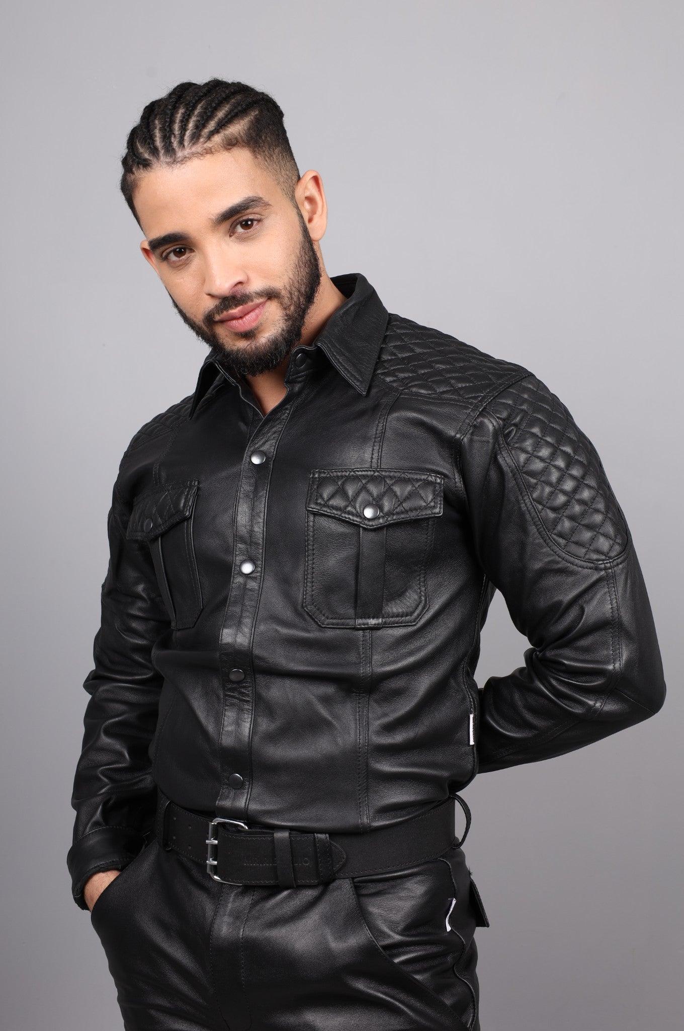 Black Leather Padded Shirt - Long Sleeve at MR. Riegillio