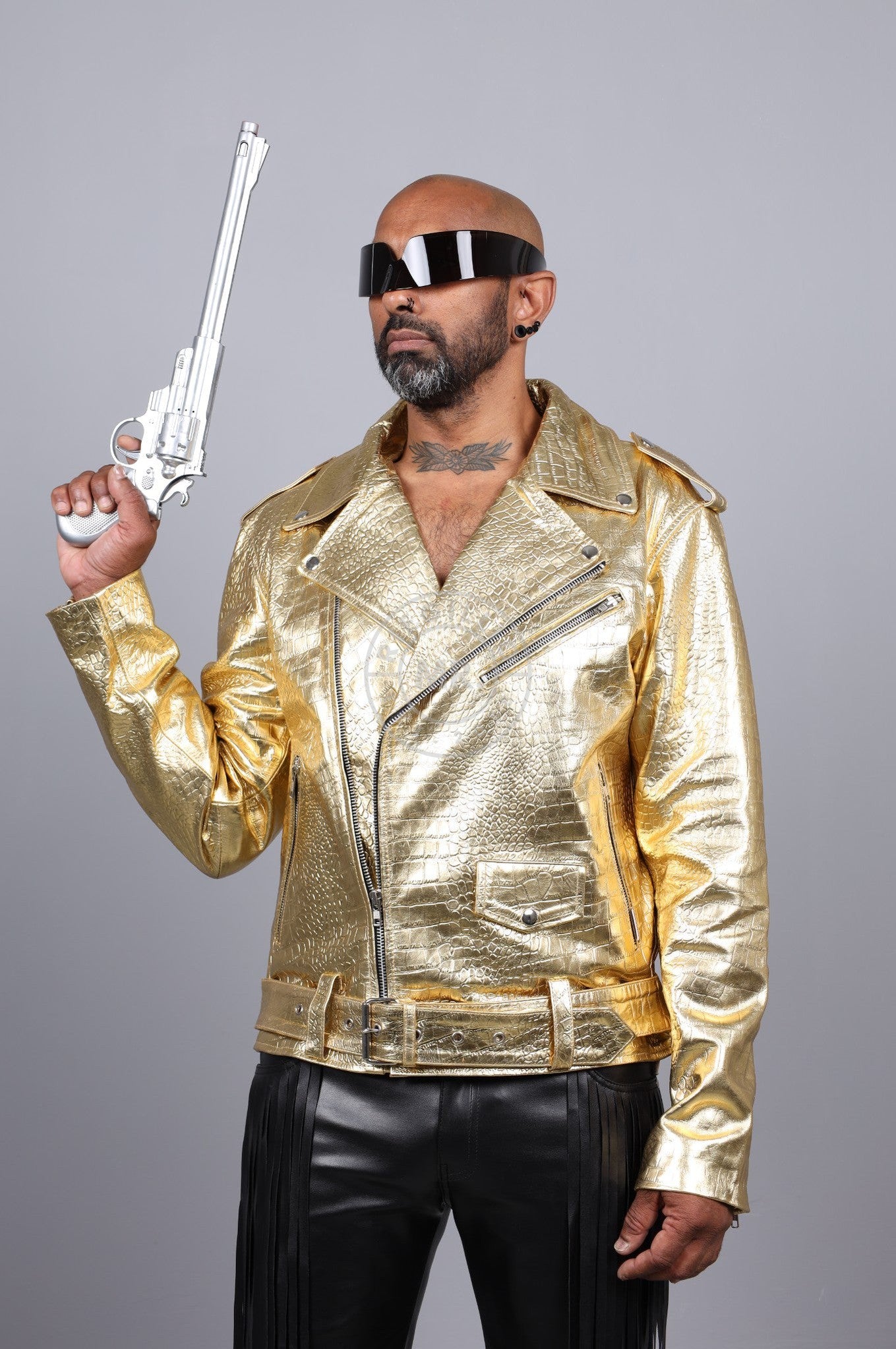 Metallic Leather Snake Biker Jacket - Gold at MR. Riegillio