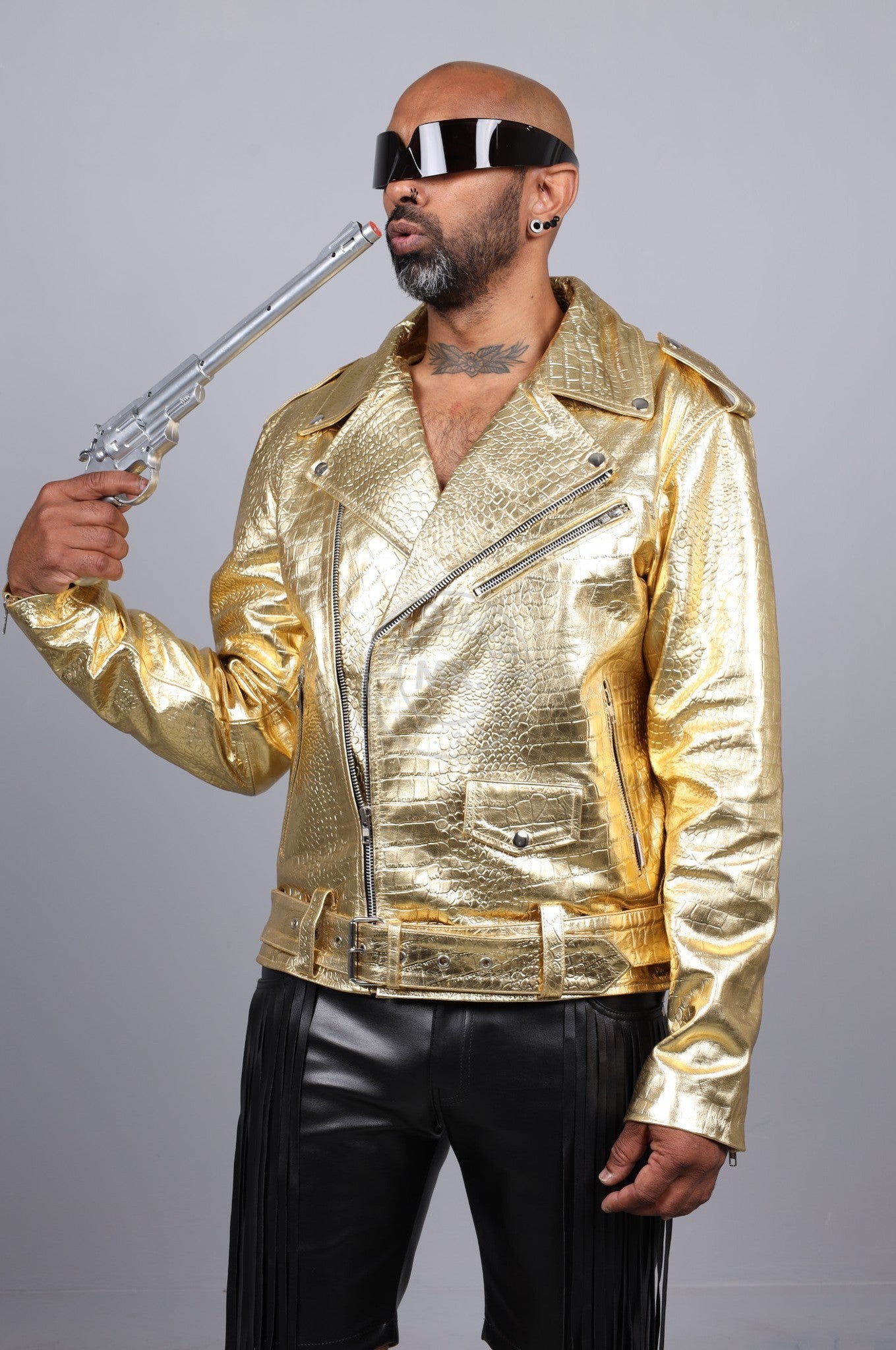 Metallic Leather Snake Biker Jacket - Gold at MR. Riegillio