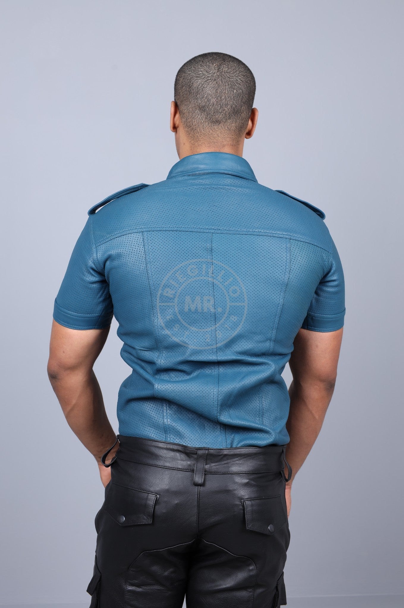 Jeans Blue Leather Perforated Shirt-at MR. Riegillio