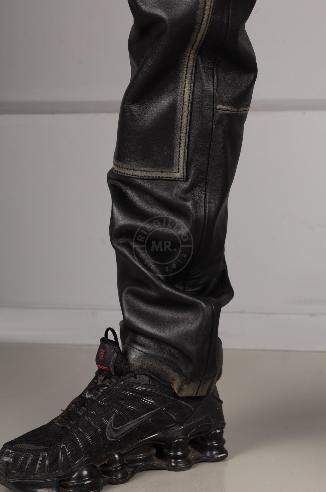 Black Washed Leather Worker Pants at MR. Riegillio