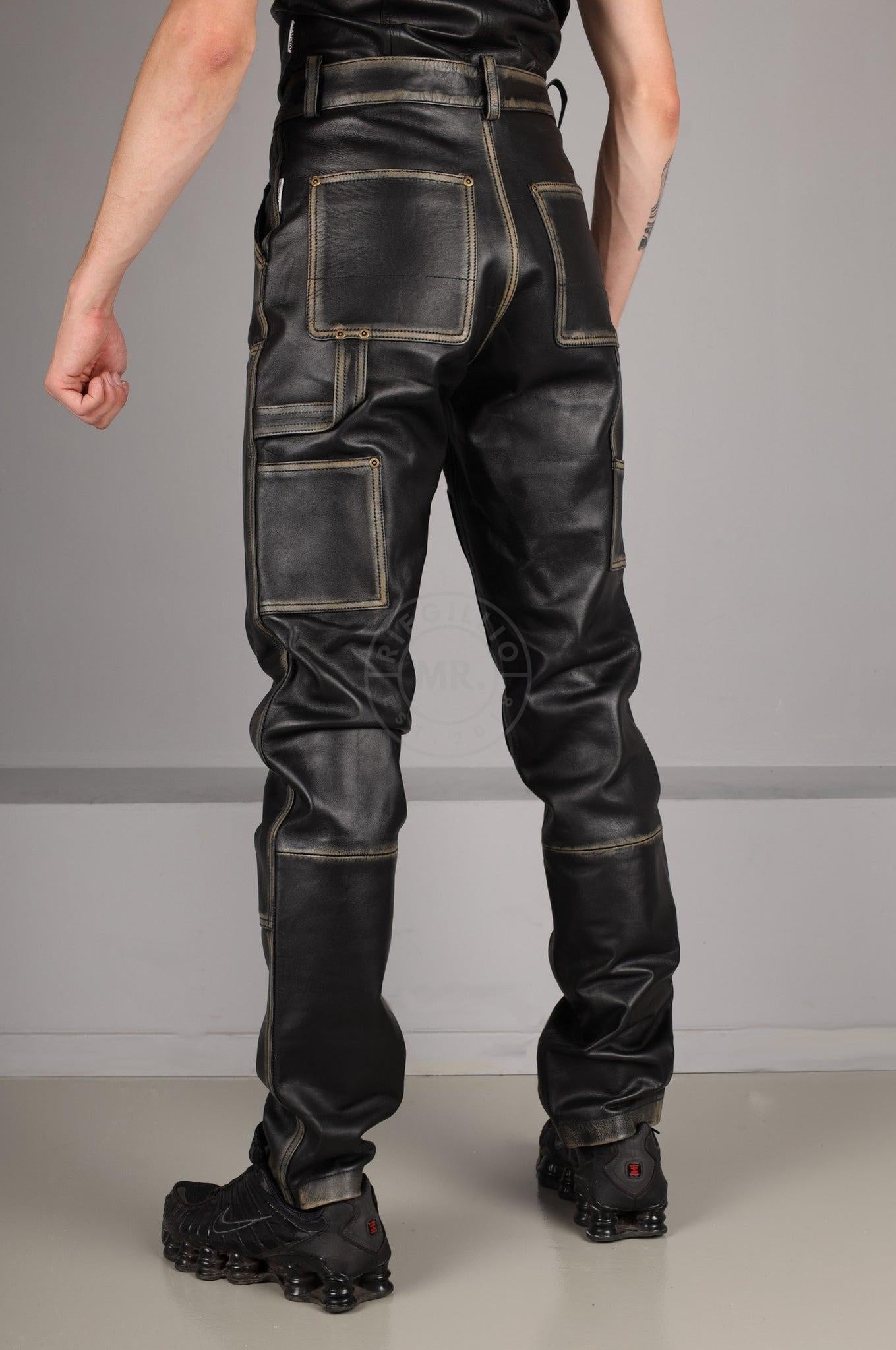 Black Washed Leather Worker Pants at MR. Riegillio
