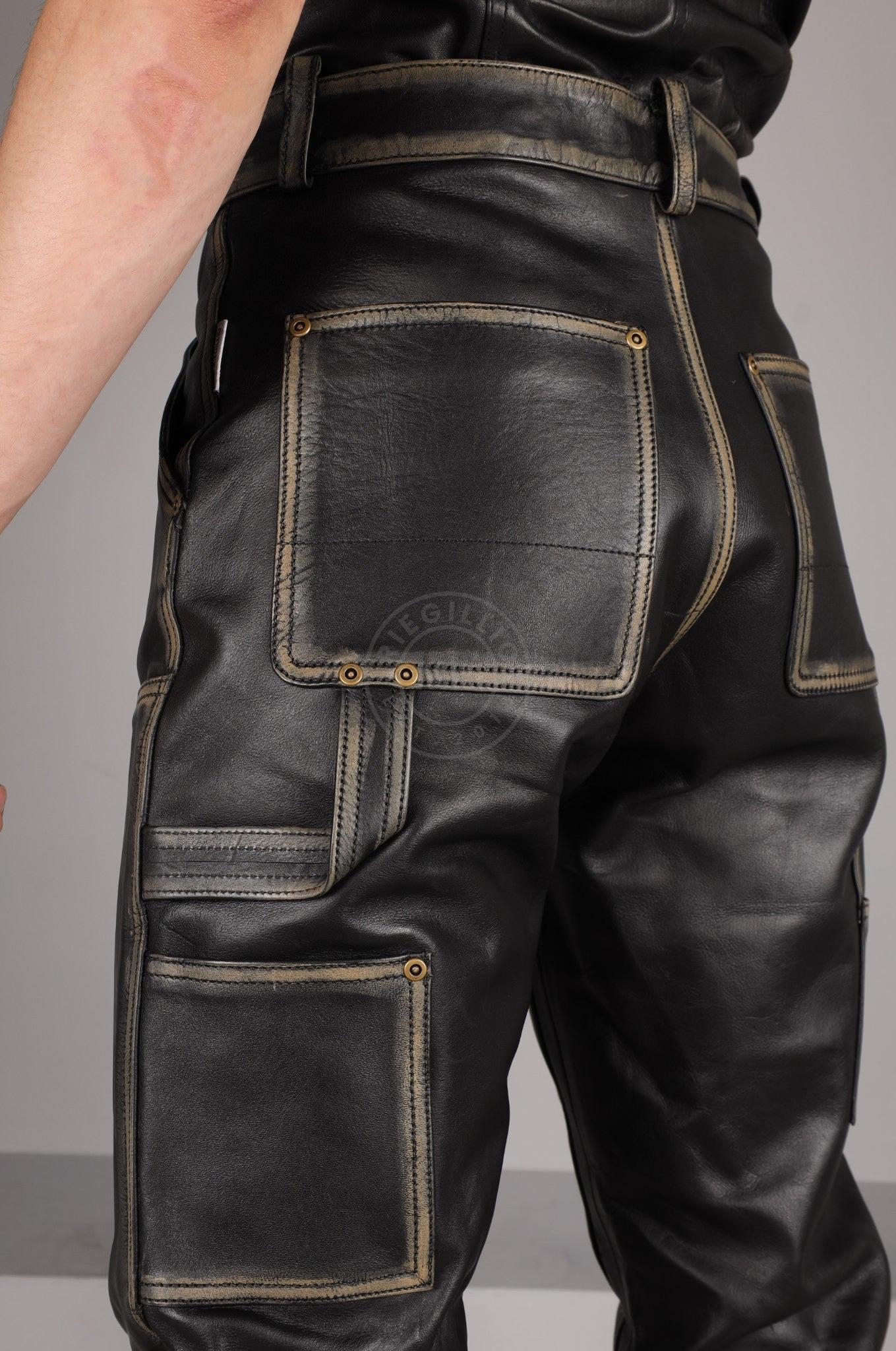 Black Washed Leather Worker Pants at MR. Riegillio