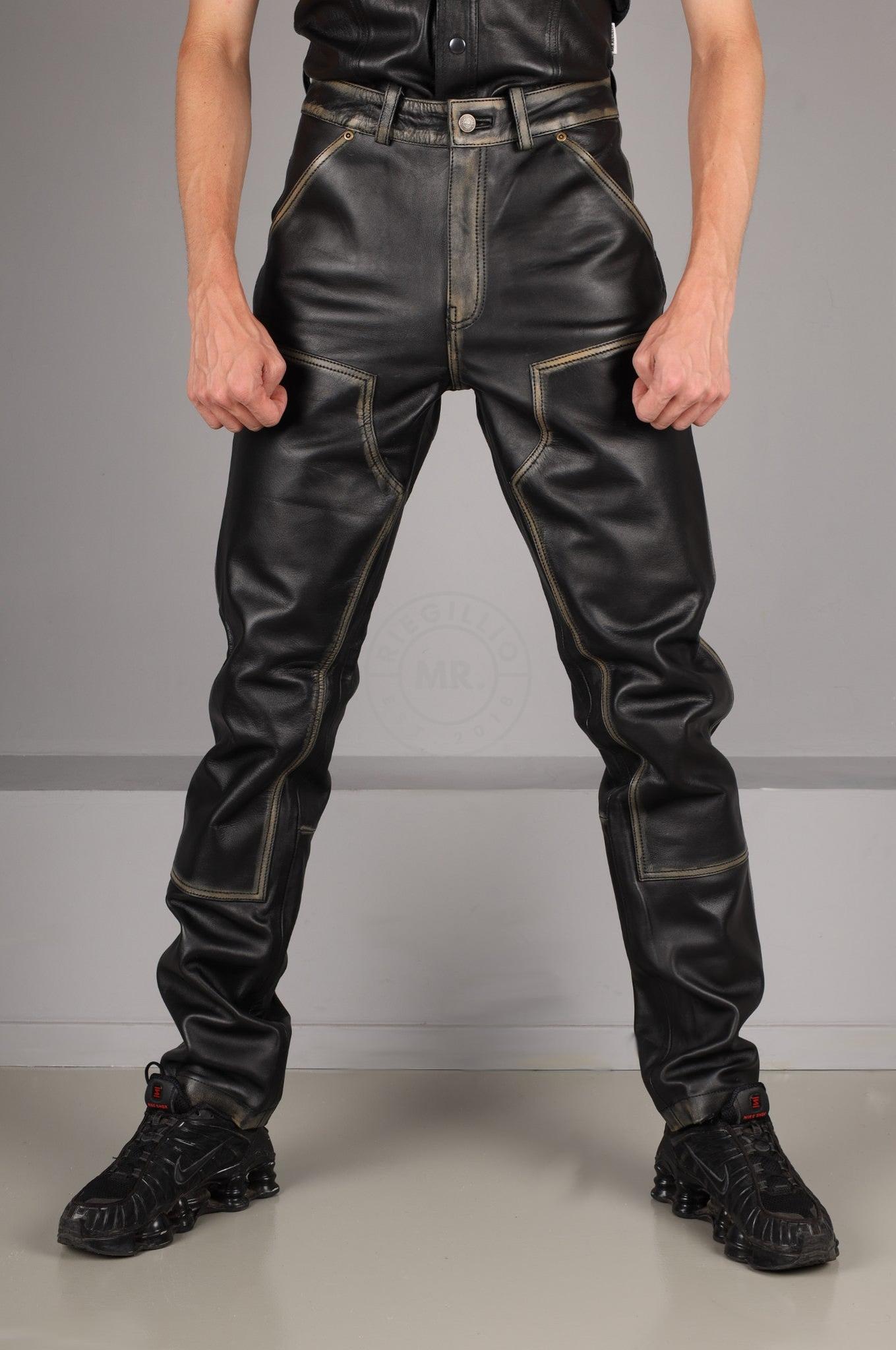 Black Washed Leather Worker Pants at MR. Riegillio