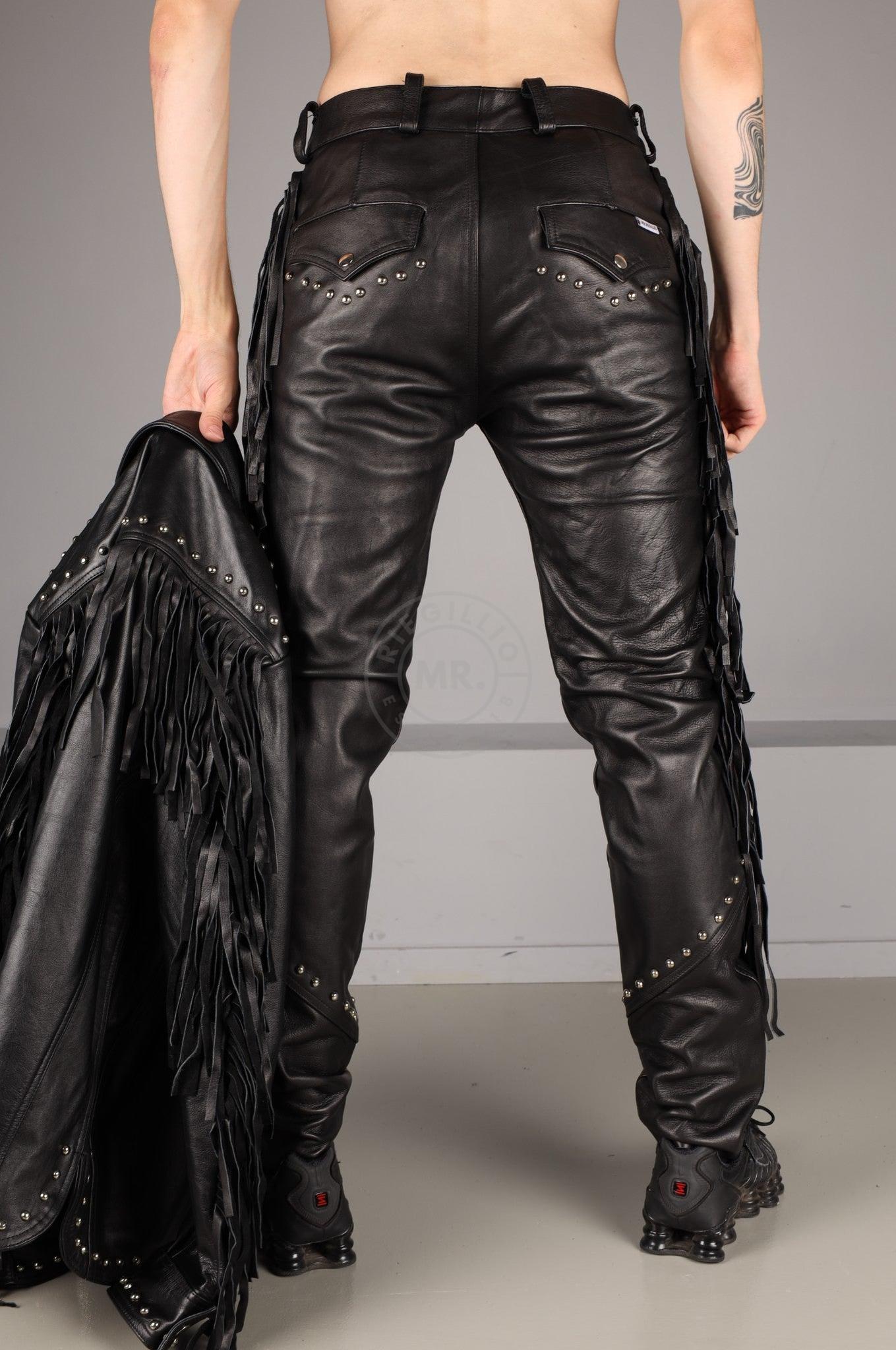 Black Leather Fringe Pants at MR. Riegillio