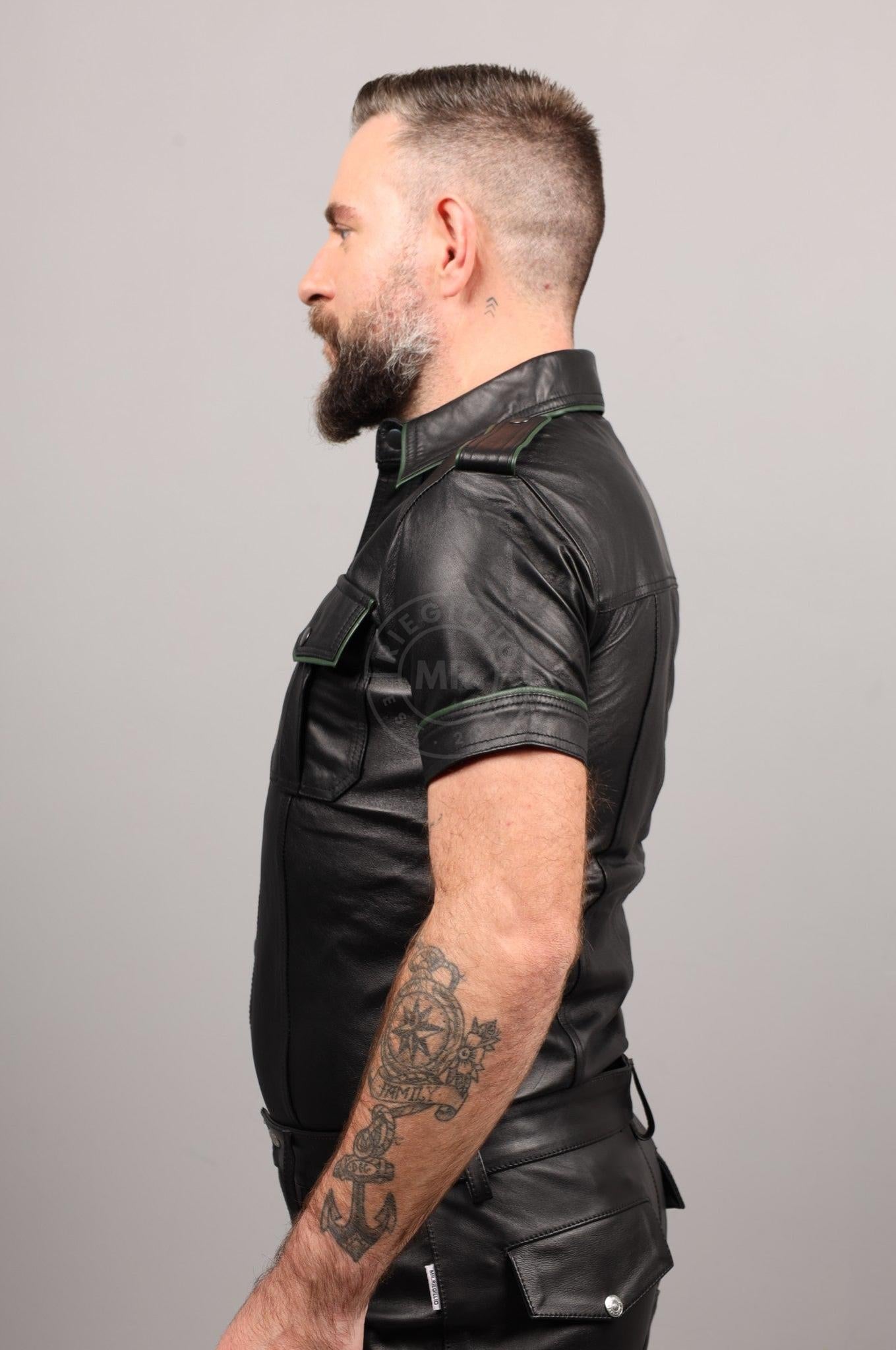Black Leather Shirt - Dark Green Piping at MR. Riegillio