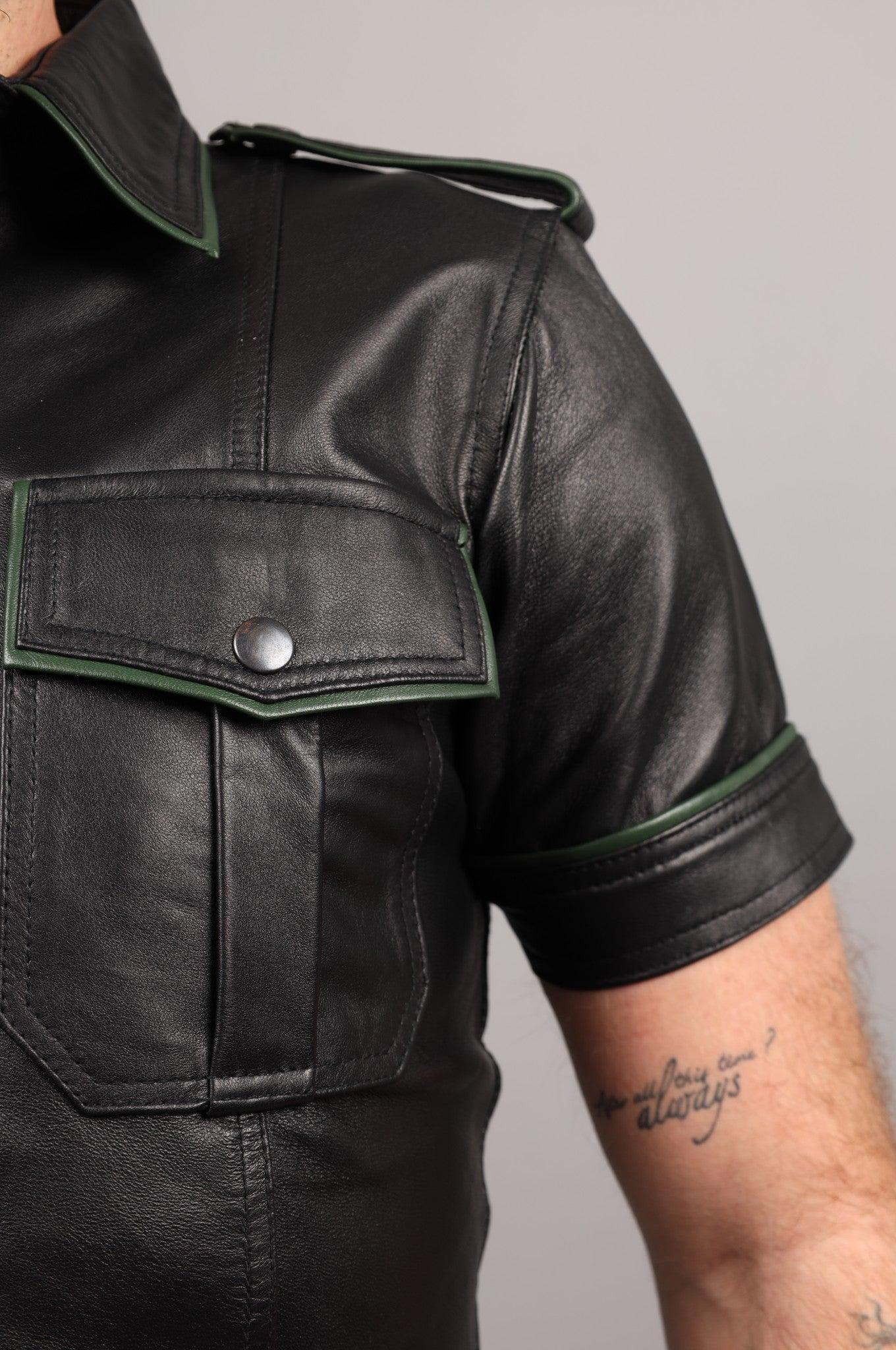 Black Leather Shirt - Dark Green Piping at MR. Riegillio