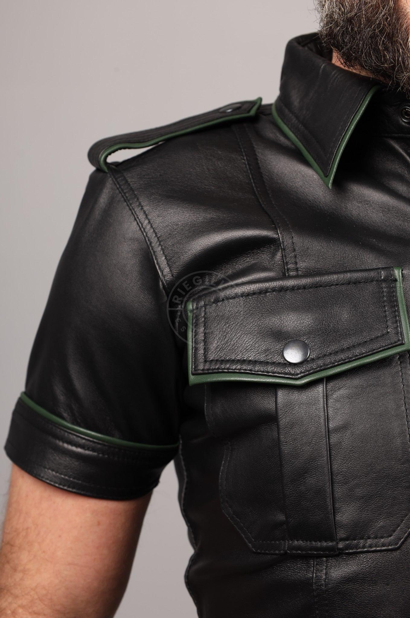 Black Leather Shirt - Dark Green Piping at MR. Riegillio