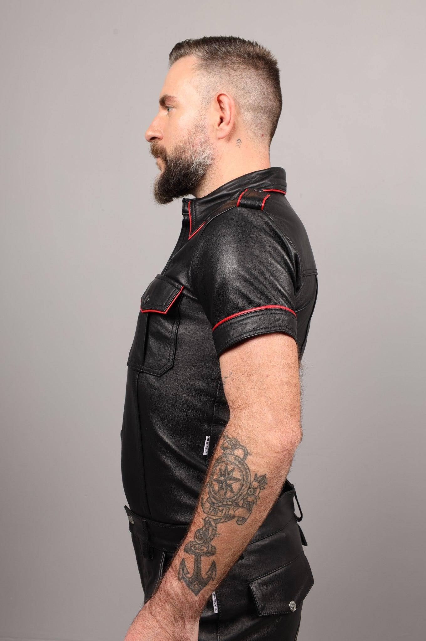 Black Leather Shirt - Red Piping at MR. Riegillio