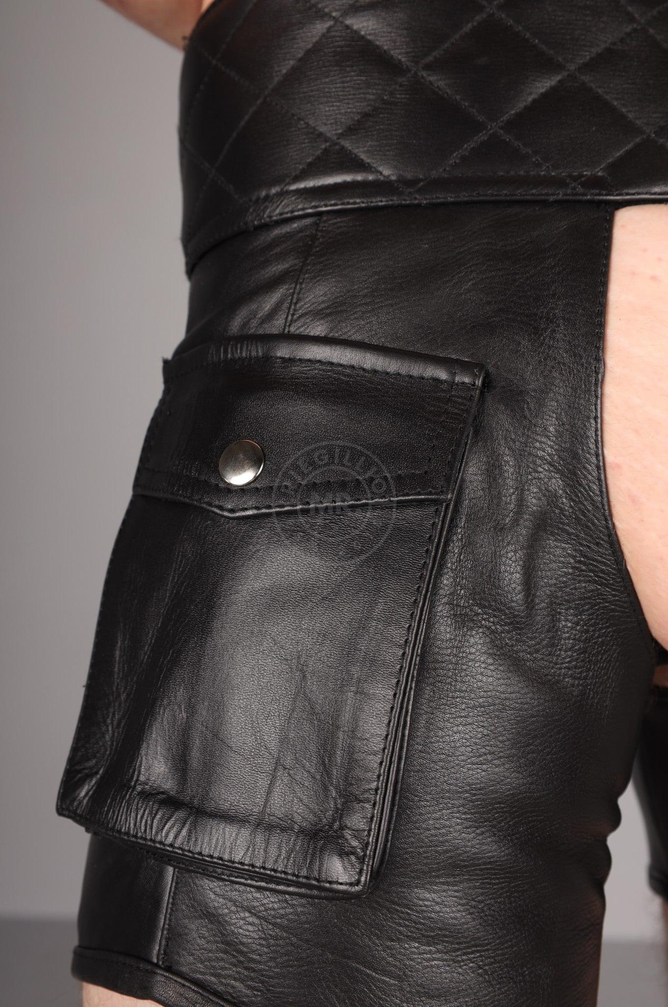 Black Leather Extra Short Cargo Chaps at MR. Riegillio