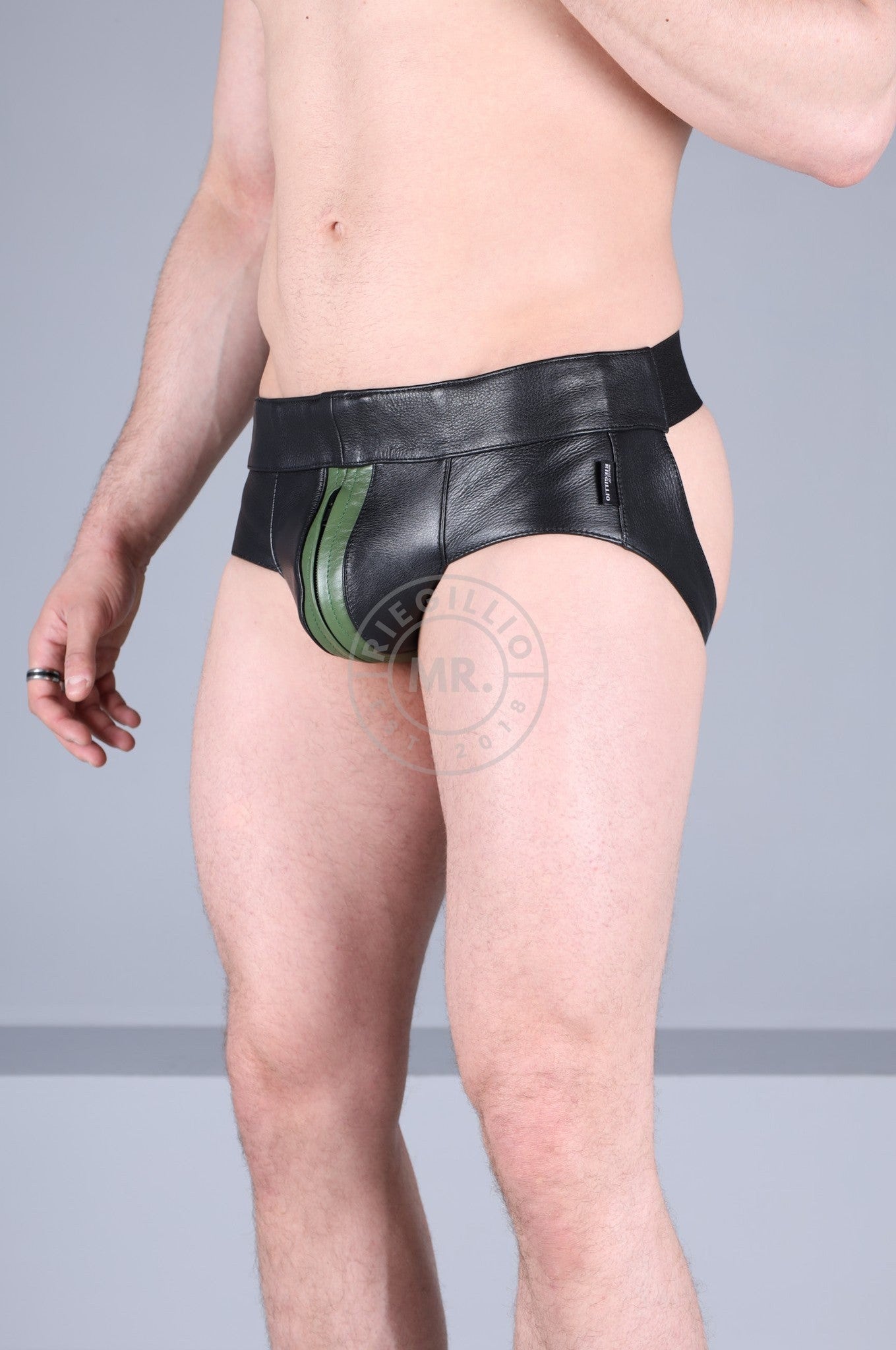 Black Leather Jockstrap - Army Green Stripe at MR. Riegillio