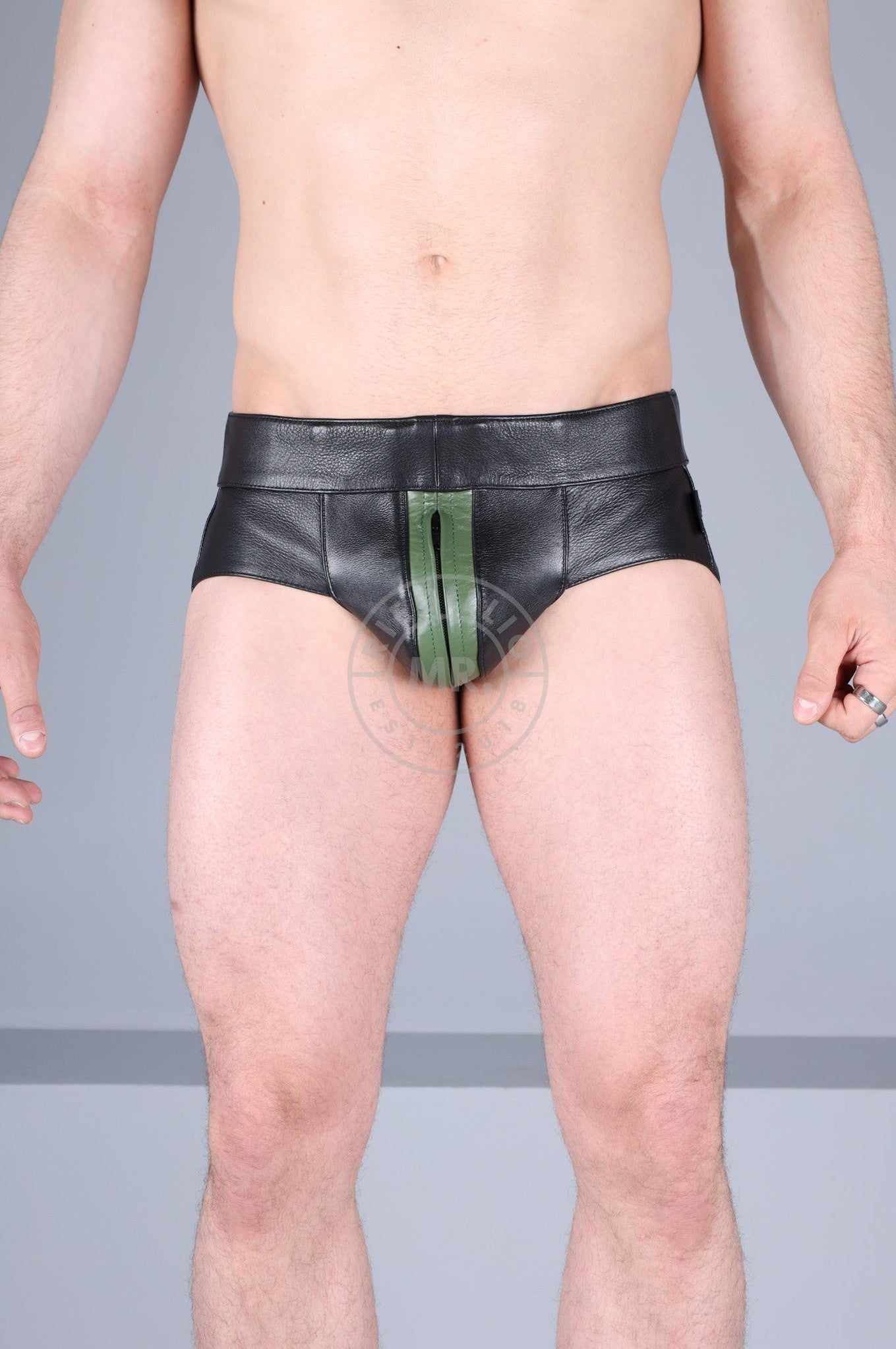 Power Leather Jockstrap - Army Green Stripe at MR. Riegillio
