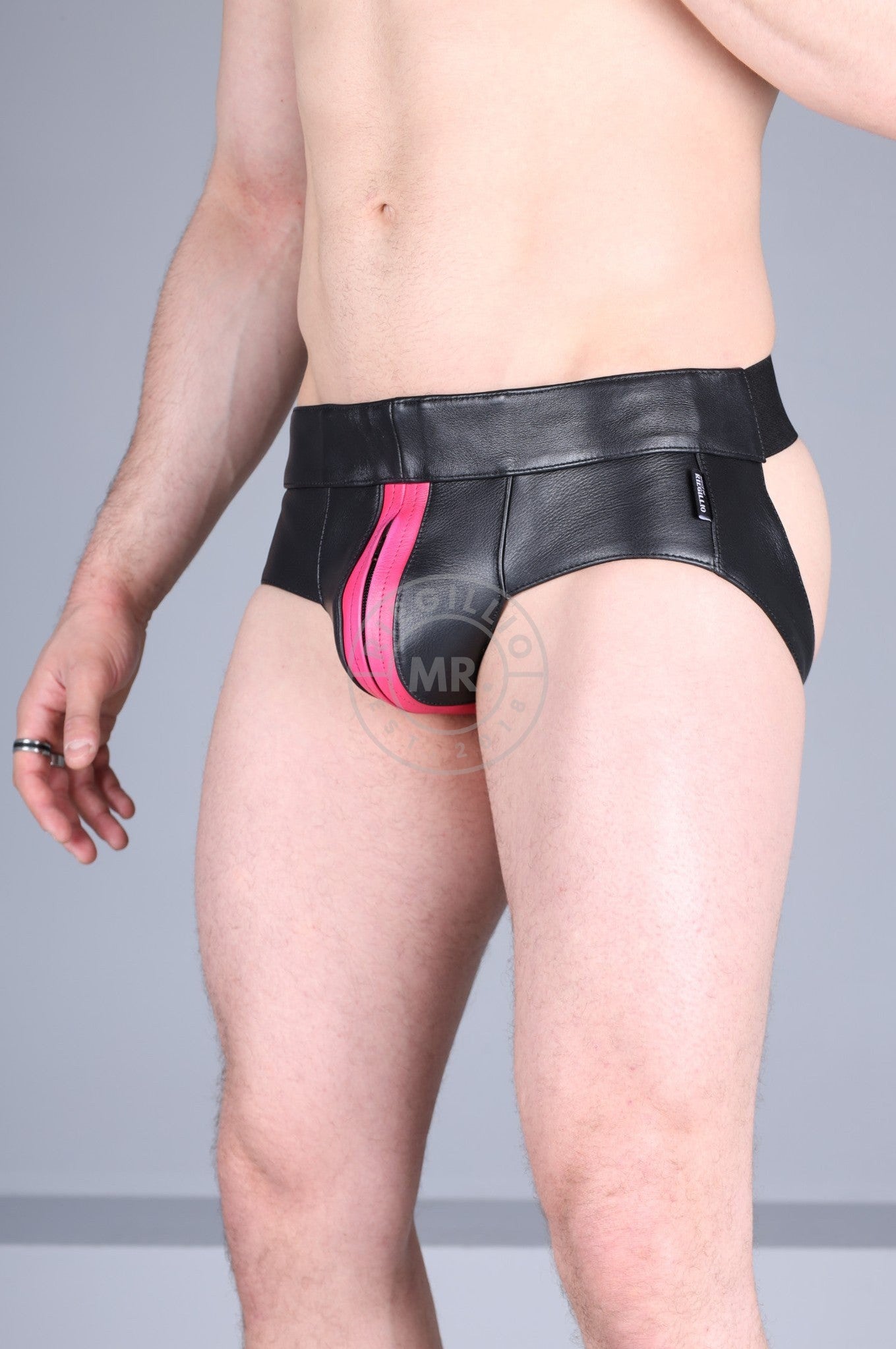 Black Leather Jockstrap - Pink Stripe at MR. Riegillio