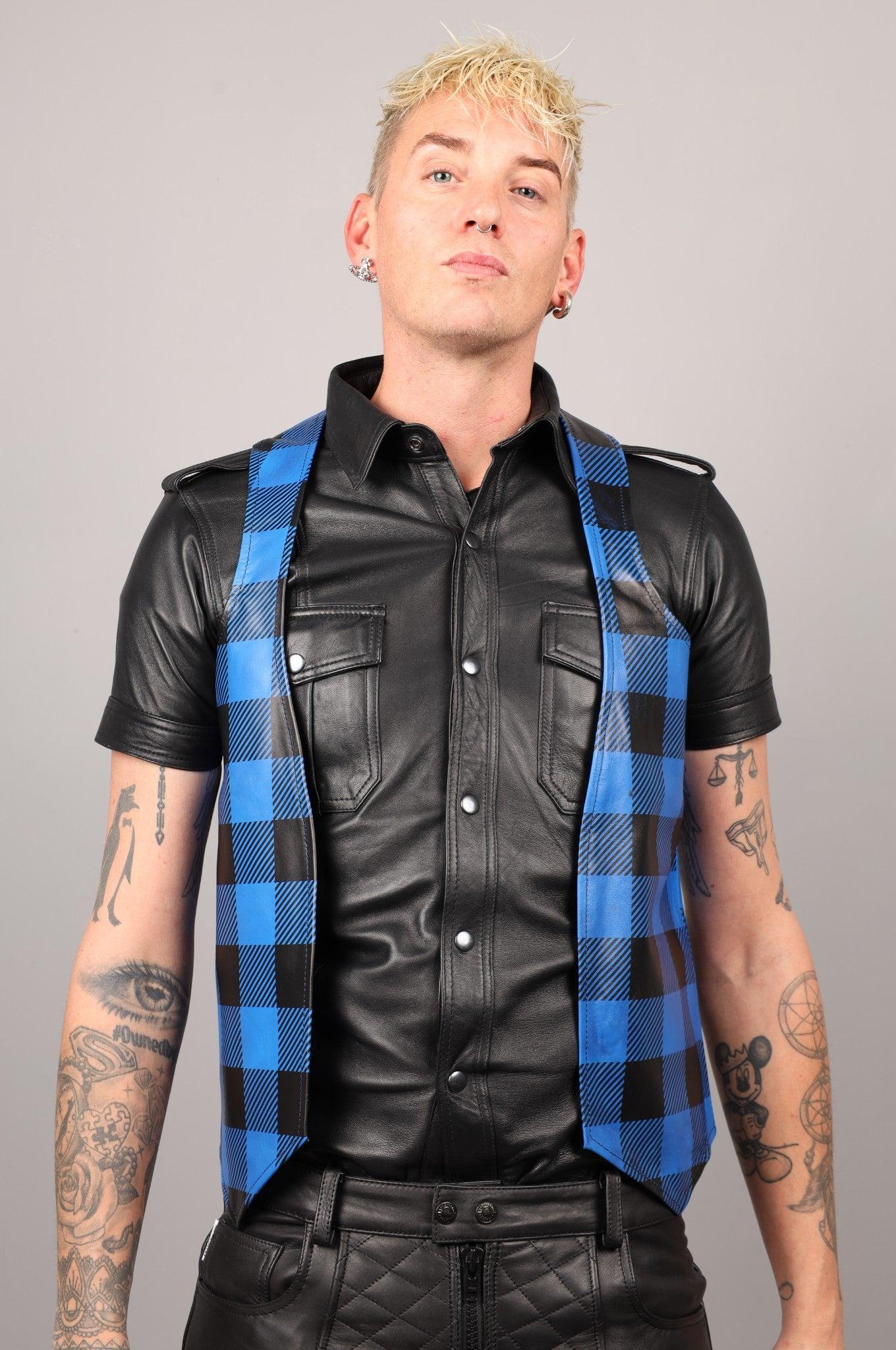 Leather Flannel Waistcoat - Blue at MR. Riegillio