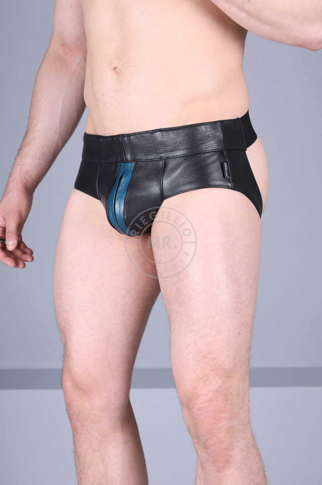 Black Leather Jockstrap - Jeans Blue Stripe-at MR. Riegillio