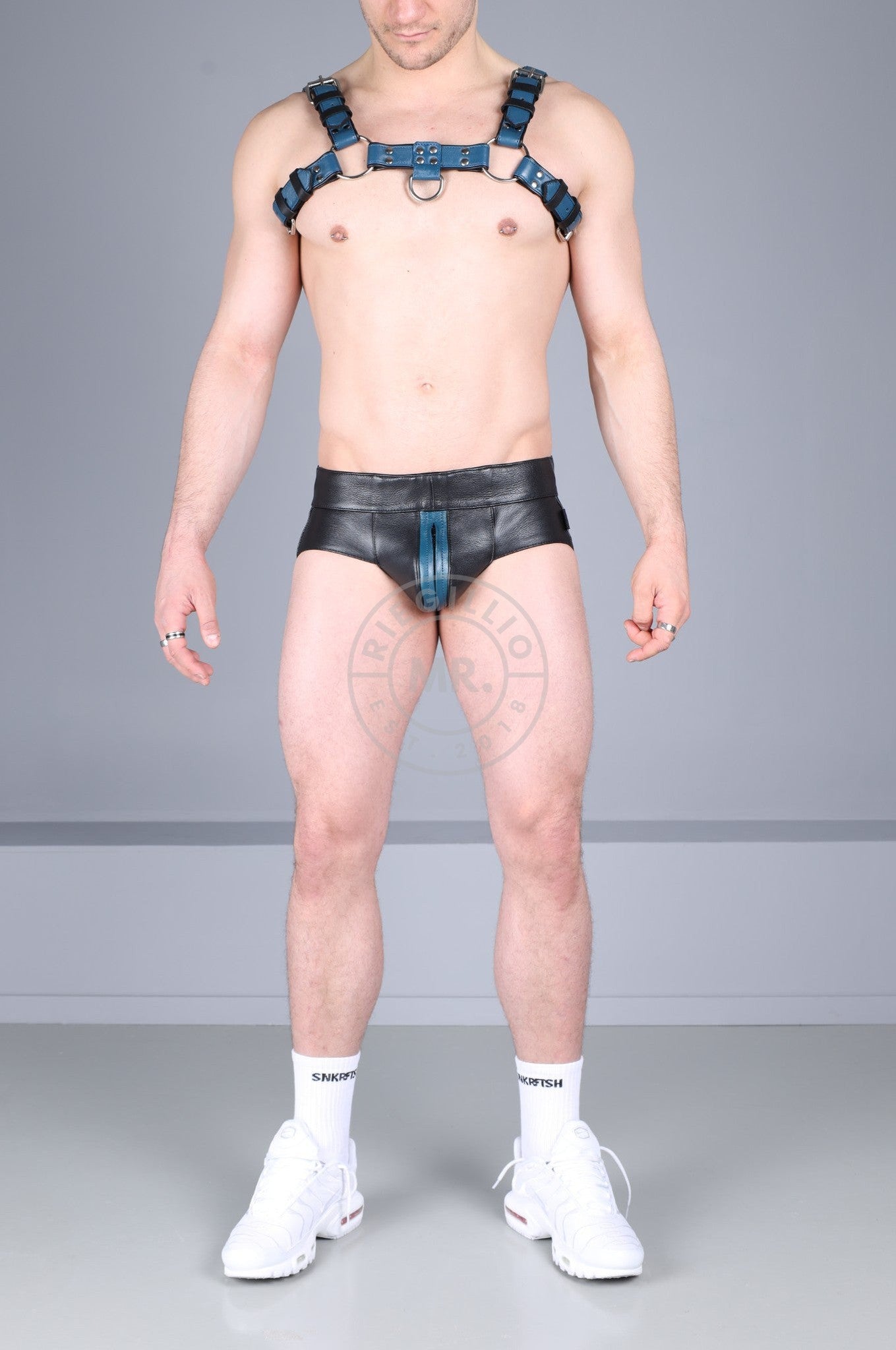 Power Leather Jockstrap - Jeans Blue Stripe at MR. Riegillio