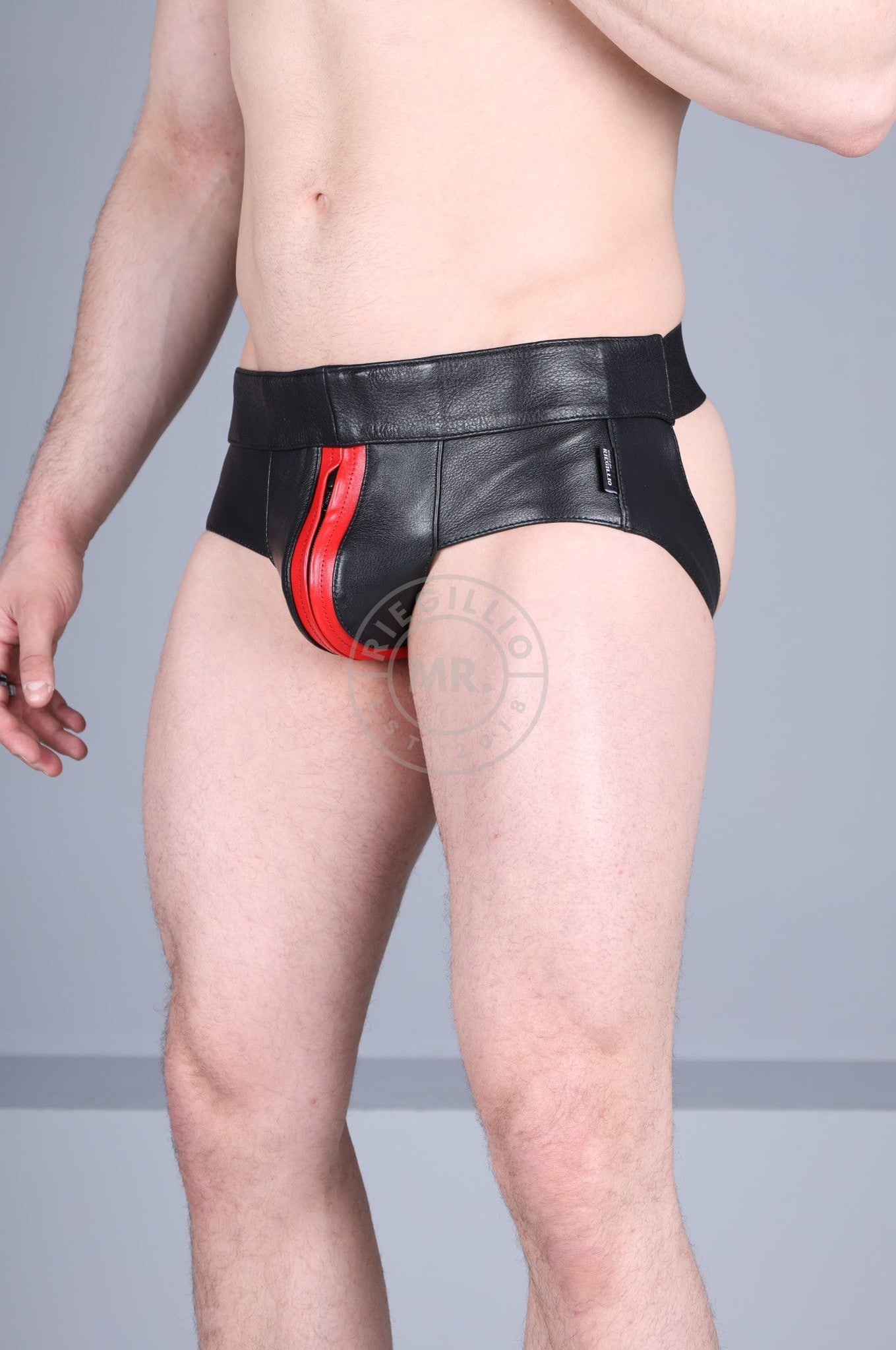 Black Leather Jockstrap - Red Stripe-at MR. Riegillio