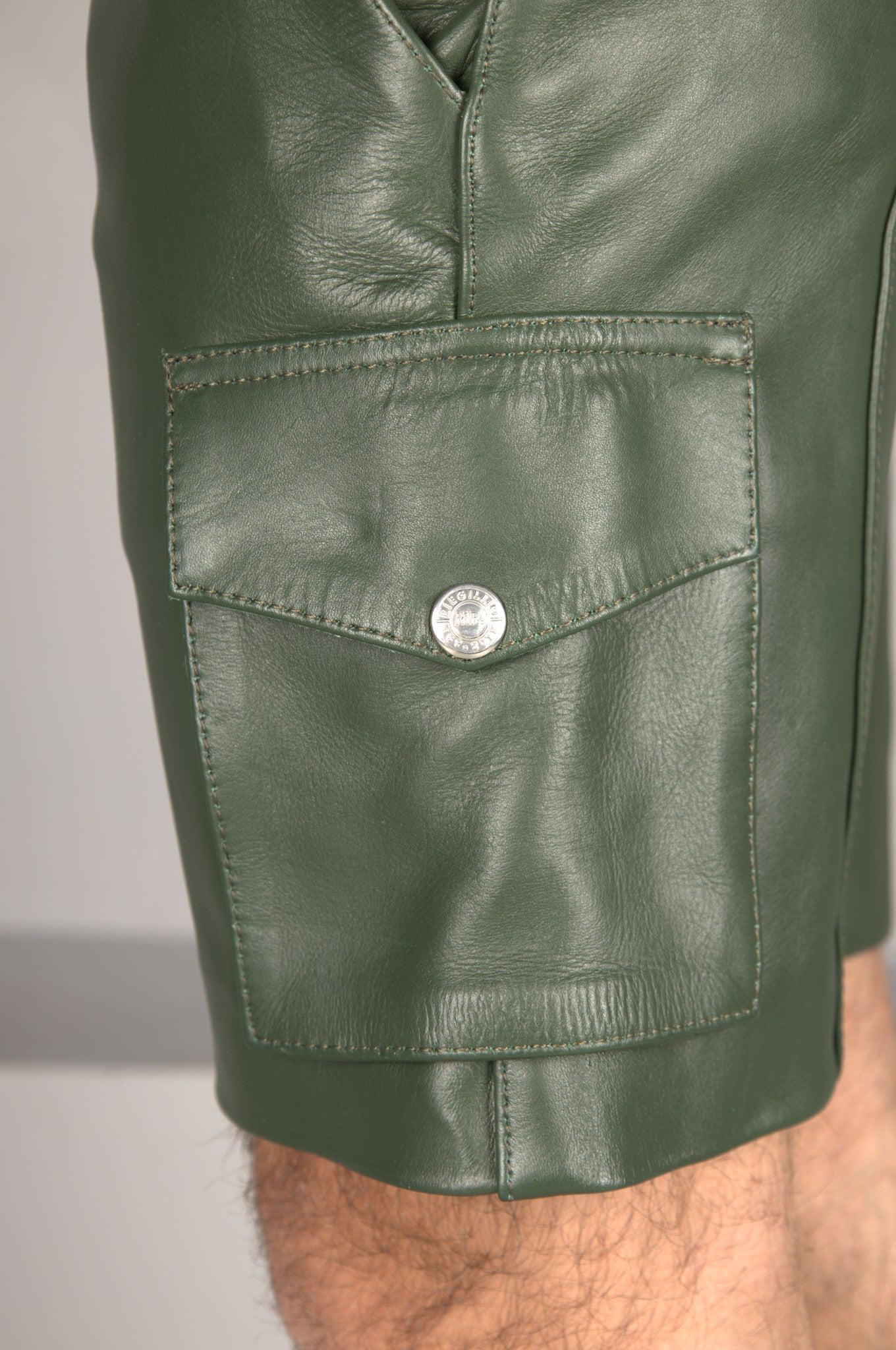 Dark Green Leather Cargo Short at MR. Riegillio