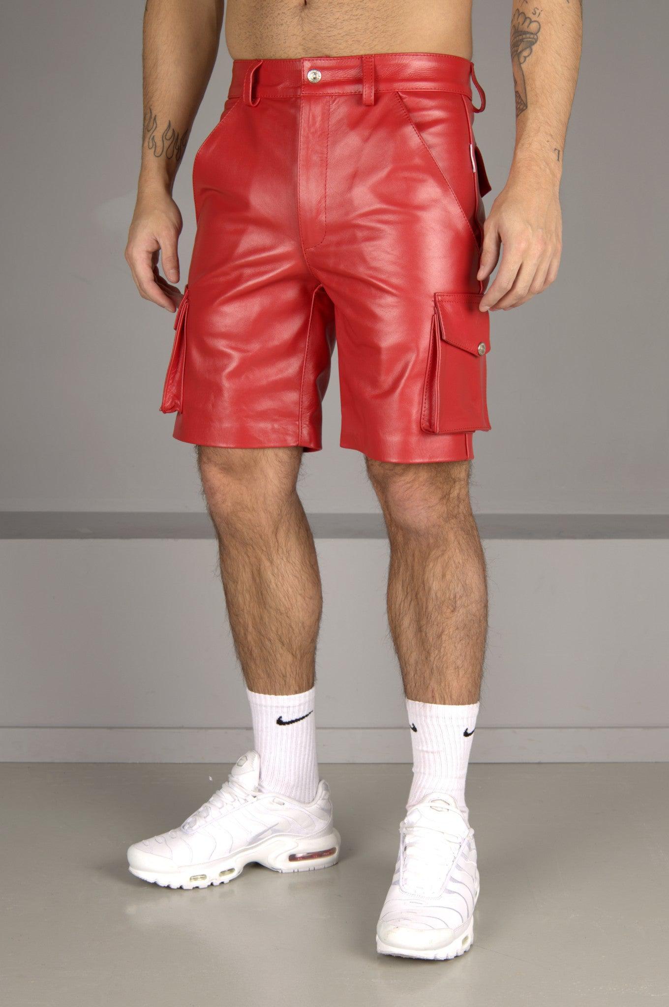 Red Leather Cargo Short at MR. Riegillio