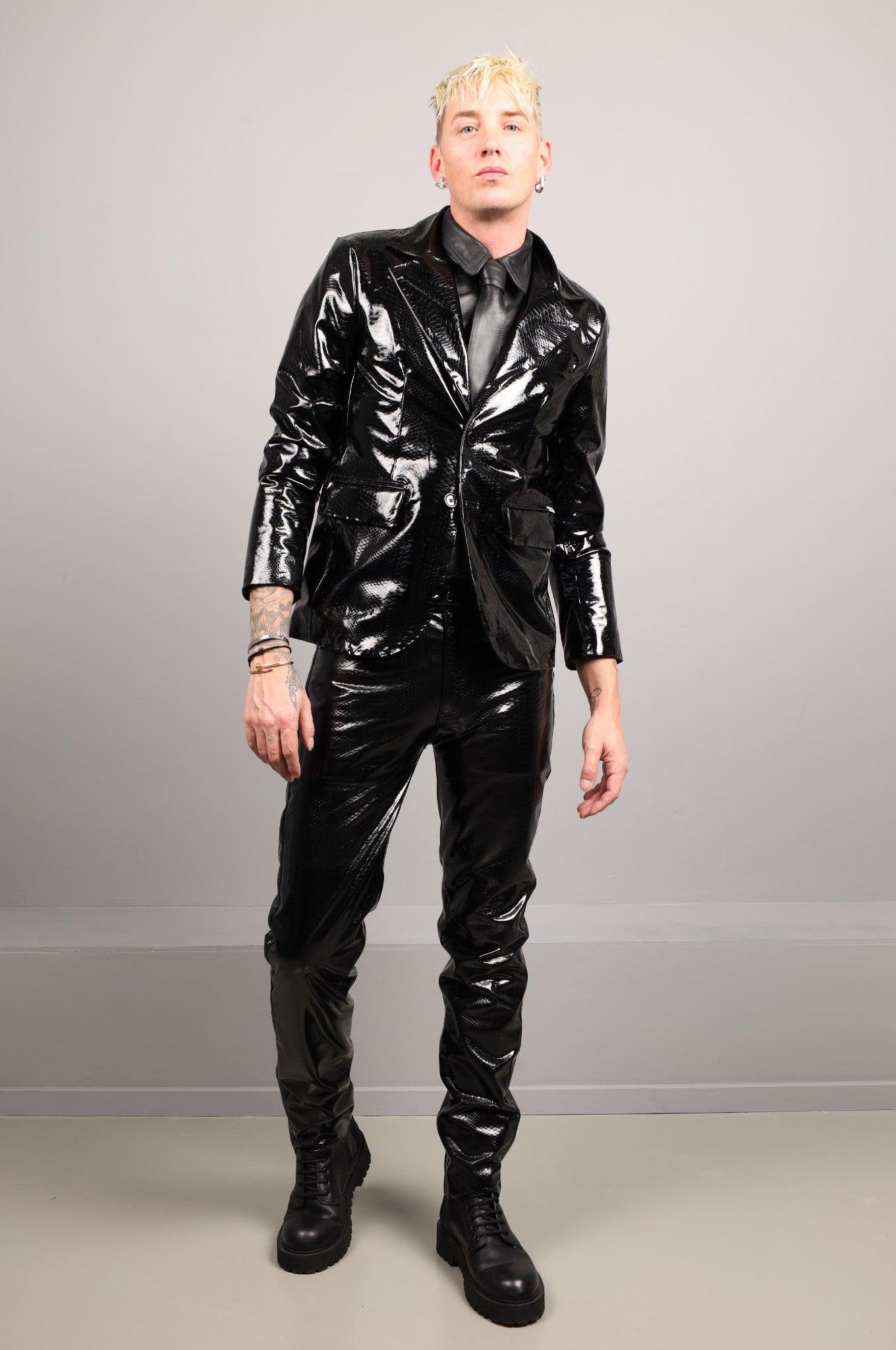 Black PVC Snake Print Blazer at MR. Riegillio