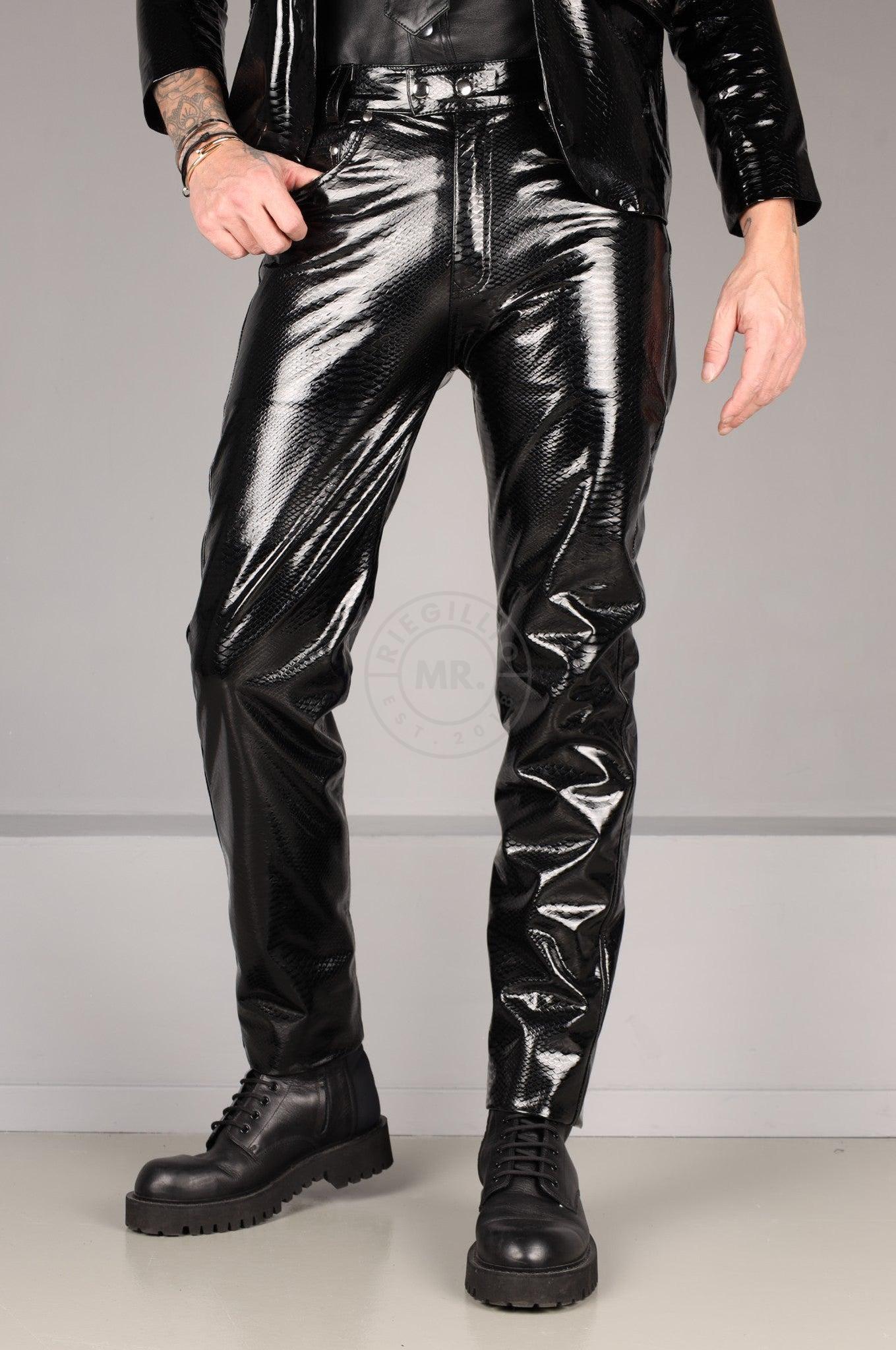 Black PVC Snake Print Pants at MR. Riegillio
