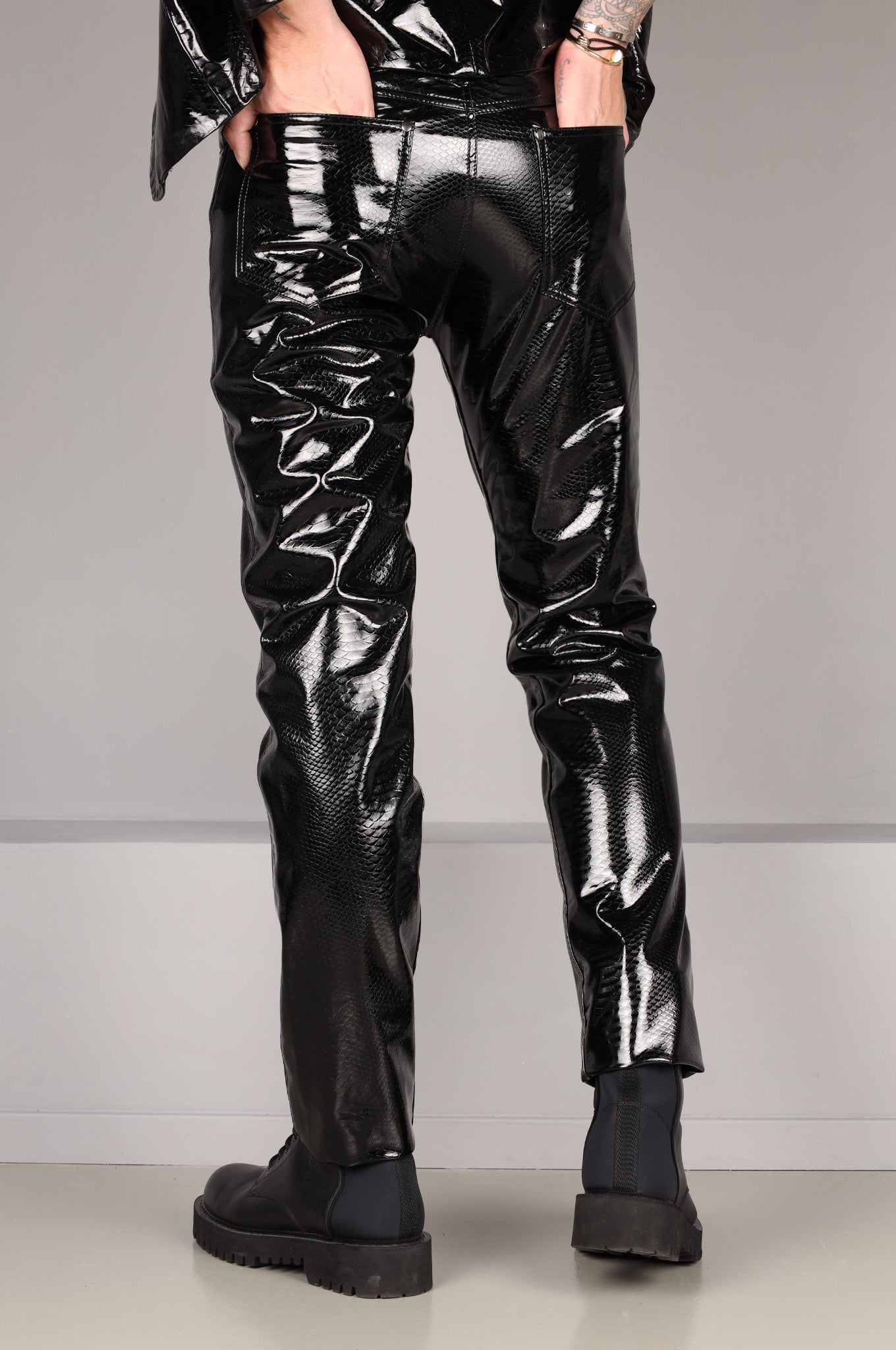 Black PVC Snake Print Pants