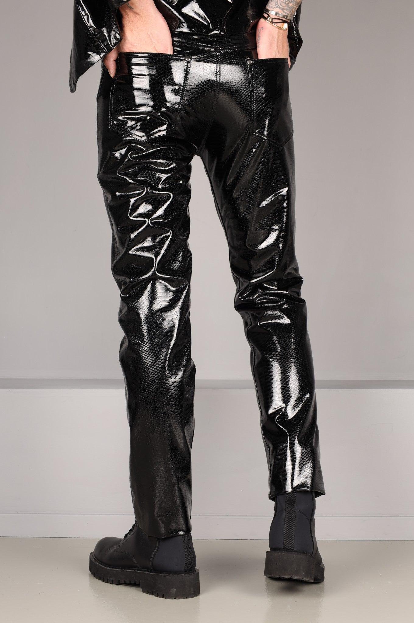 Black PVC Snake Print Pants at MR. Riegillio